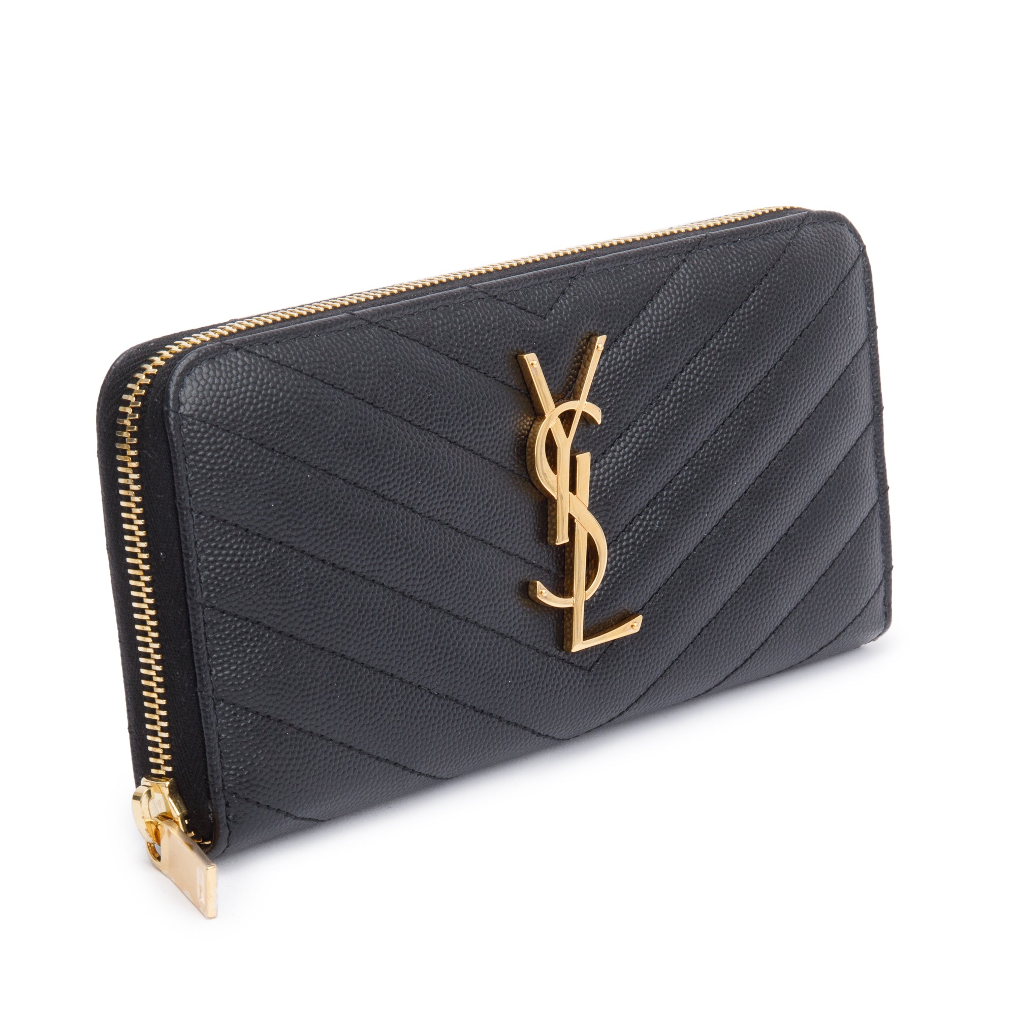 Saint Laurent 2022 Black Grained De Poudre Cassandre Marelasse Zip Around Wallet w/ Box
