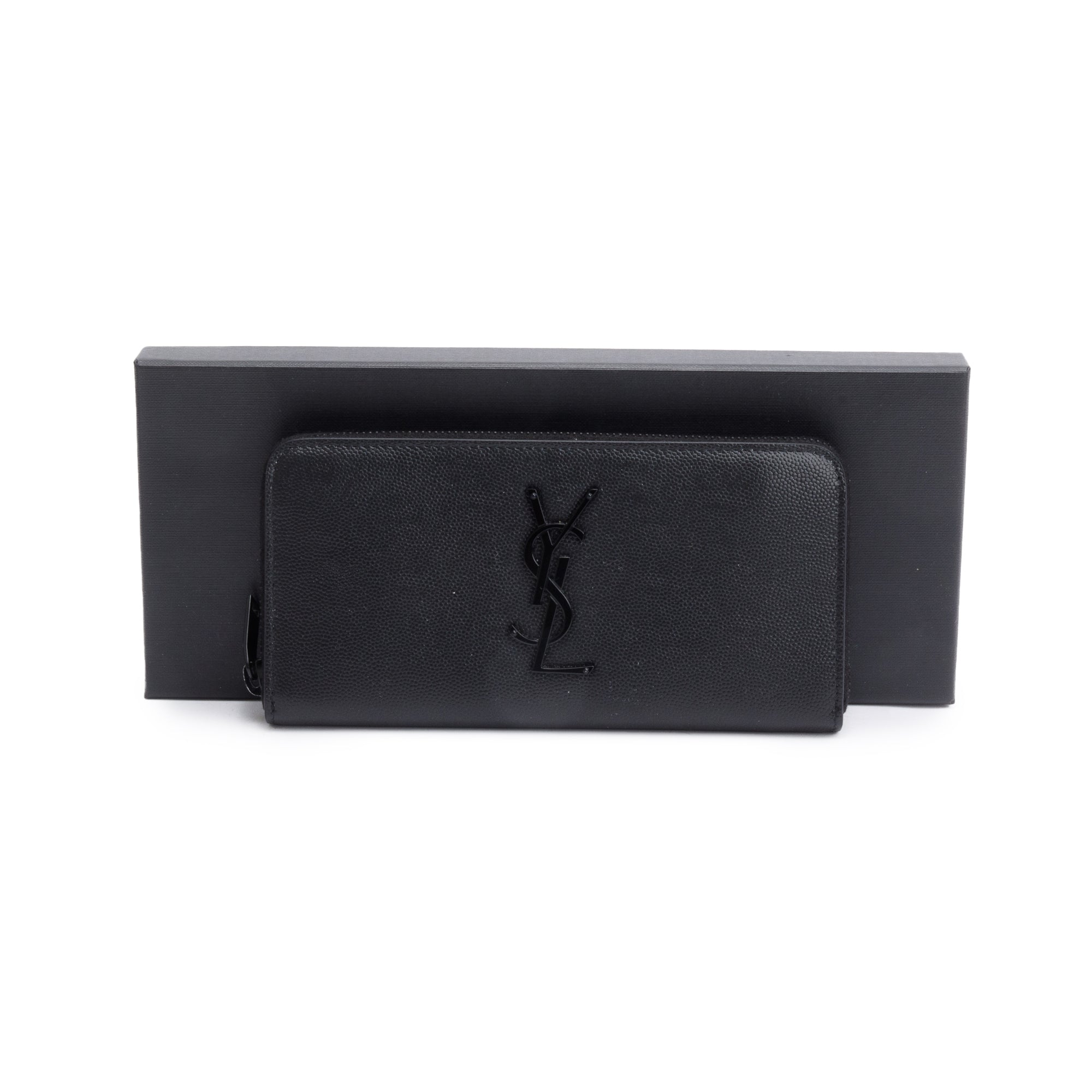 Saint Laurent 2022 Black Grained De Poudre Cassandre Zip Around Wallet w/ Box