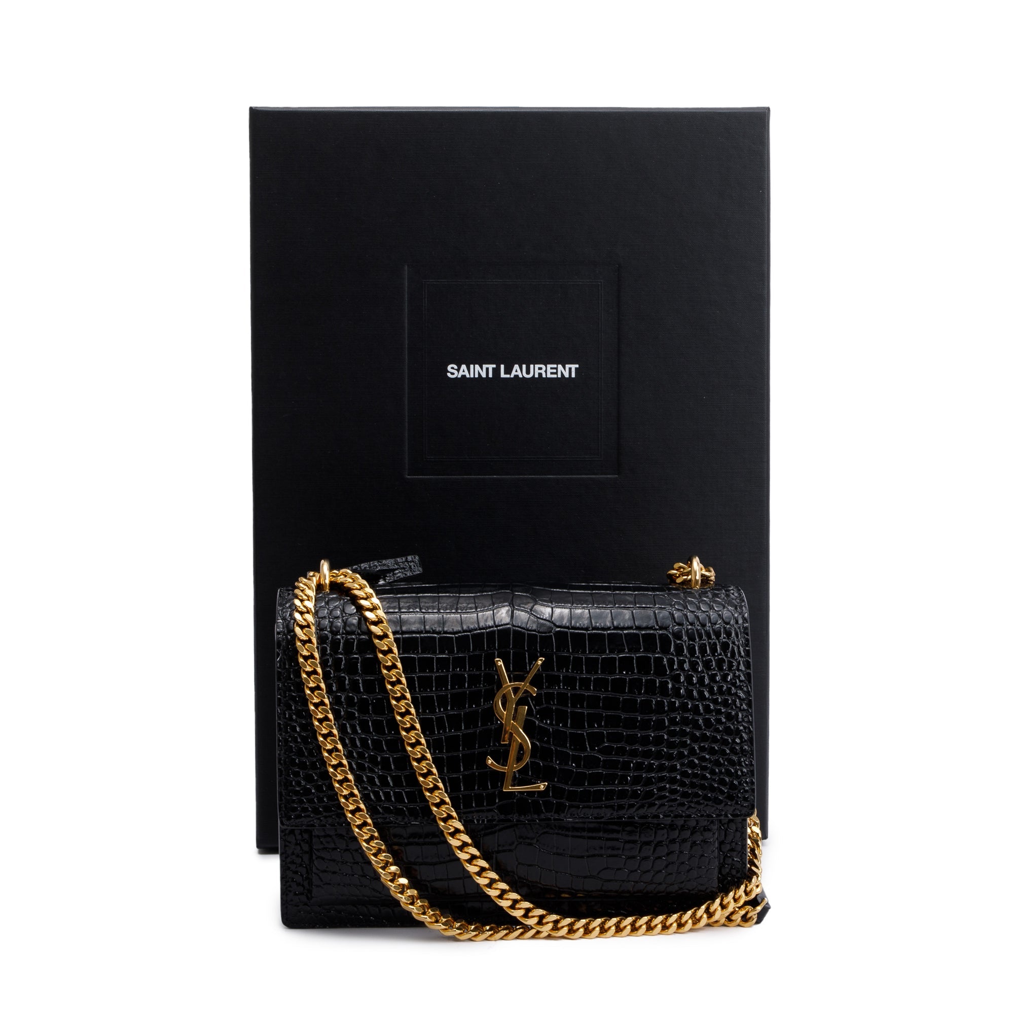 Saint Laurent 2022 Black Medium Crocodile Embossed Sunset Bag w/ Box