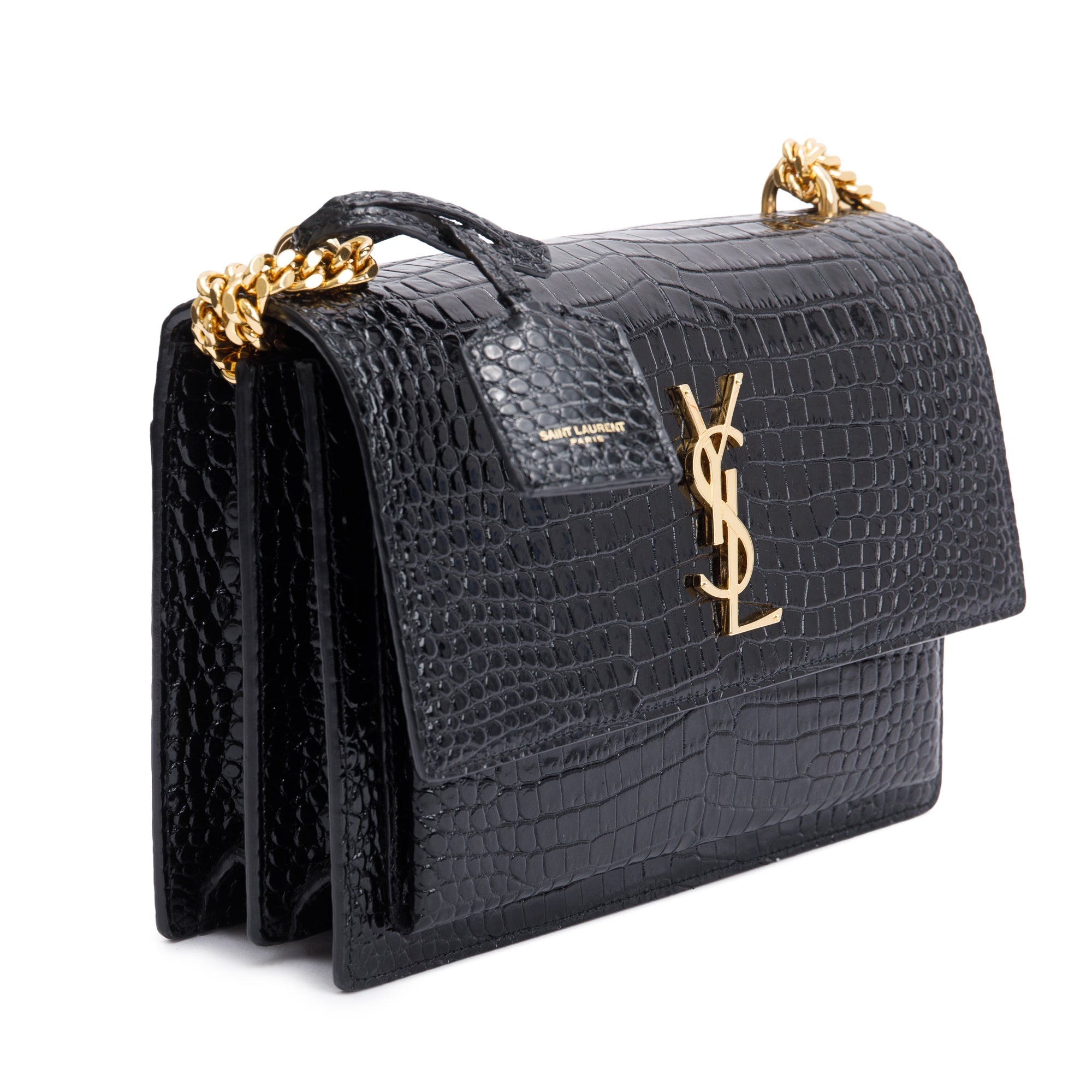 Saint Laurent 2022 Black Medium Crocodile Embossed Sunset Bag w/ Box