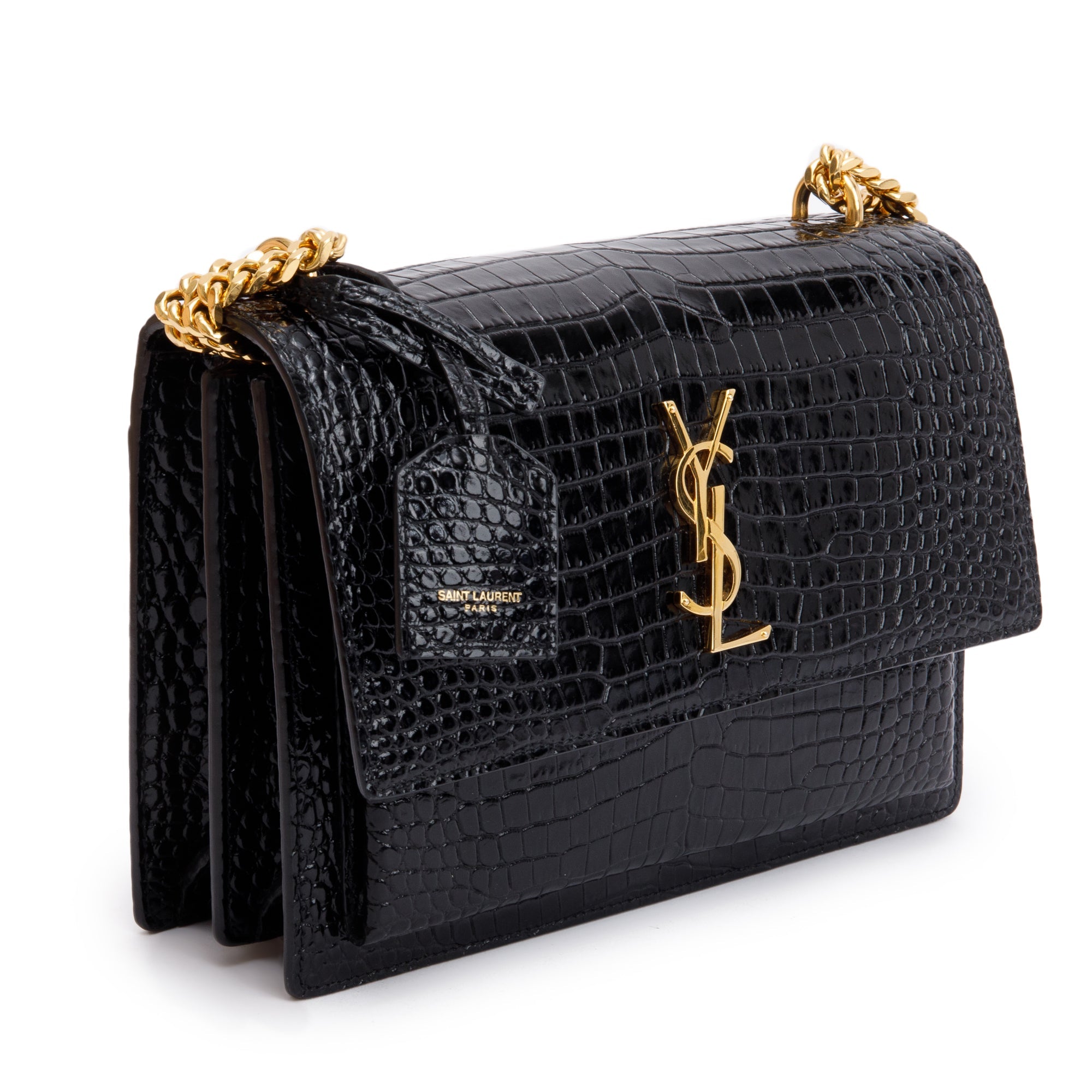 Saint Laurent 2022 Black Medium Crocodile Embossed Sunset Bag w/ Box & Receipt