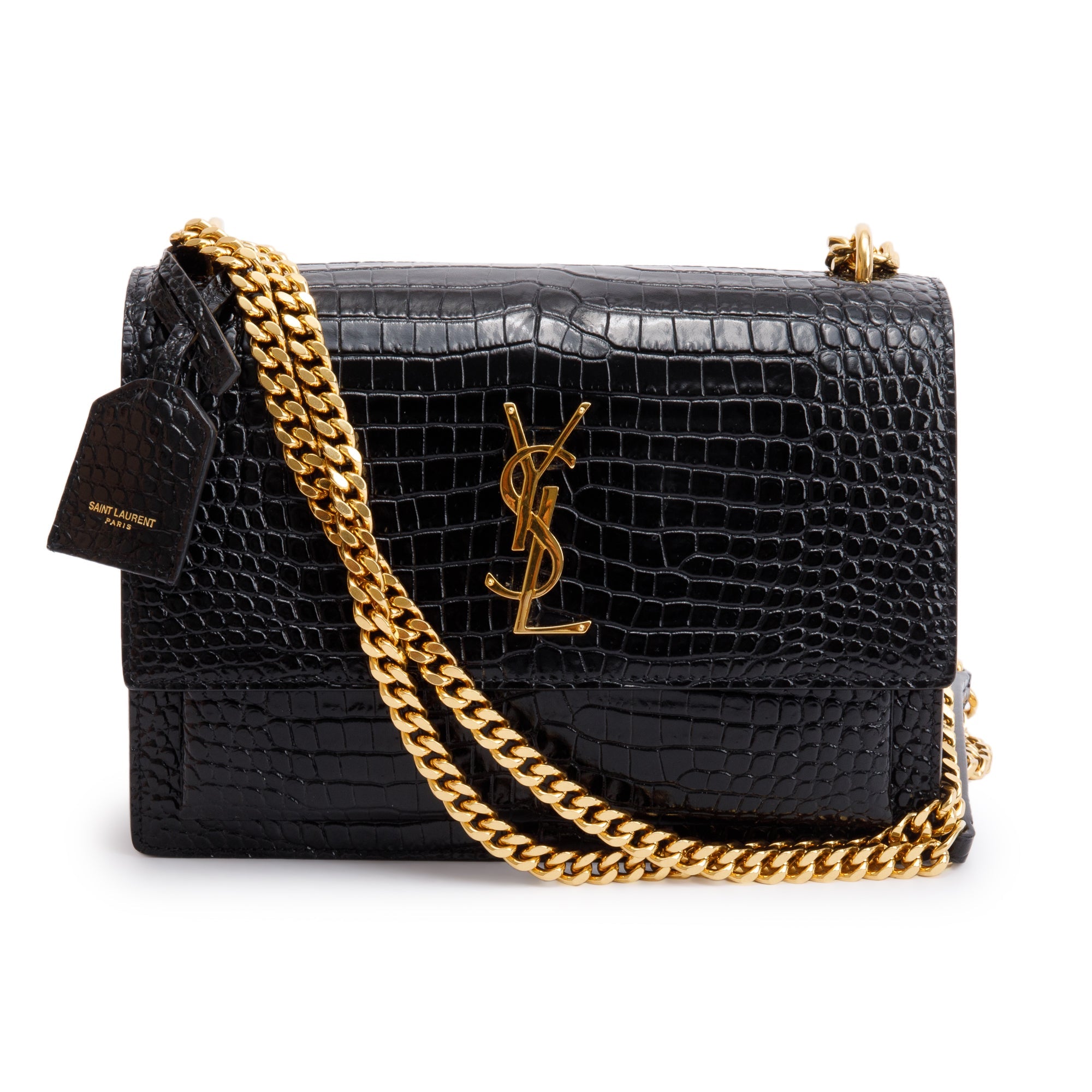 Saint Laurent 2022 Black Medium Crocodile Embossed Sunset Bag w/ Box & Receipt