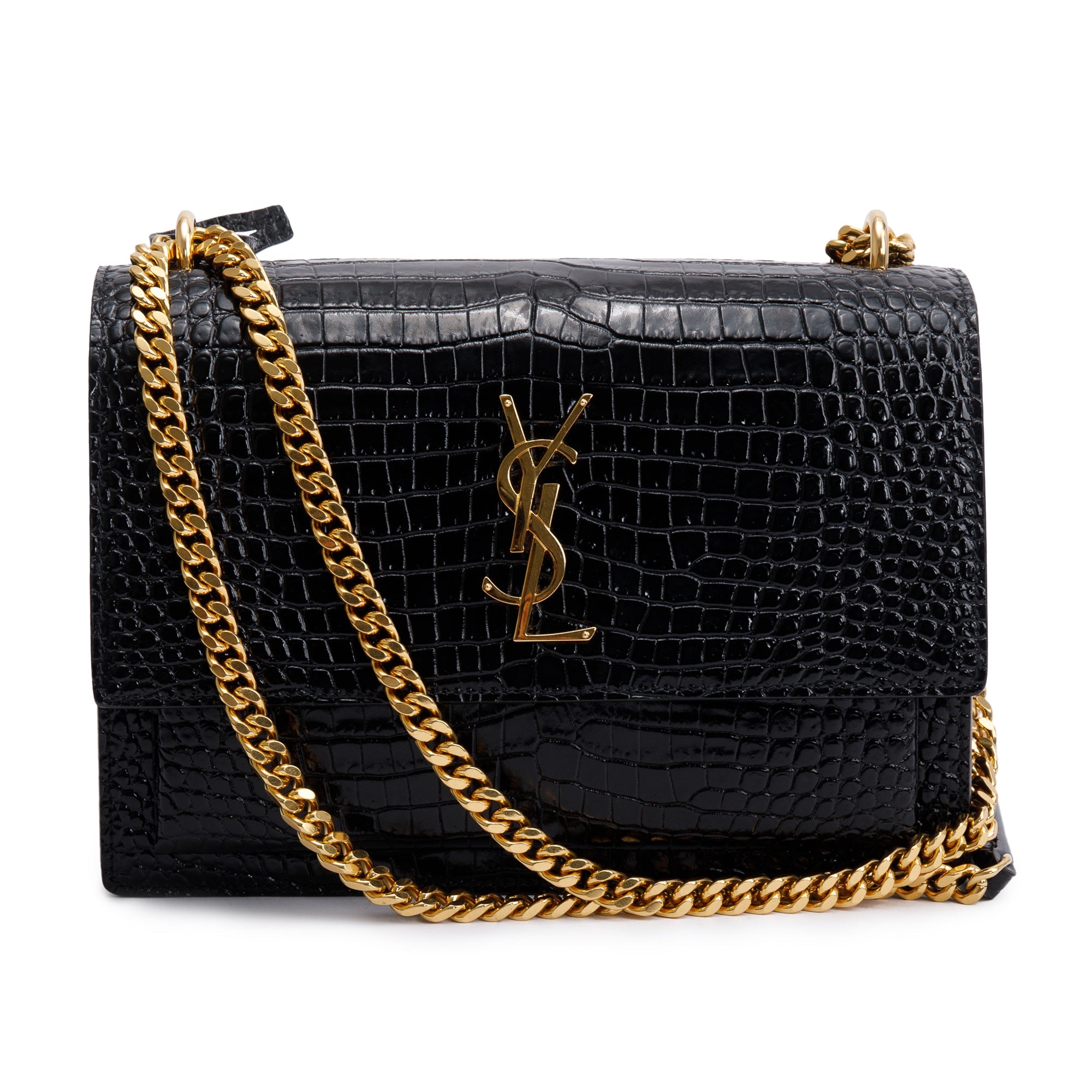Saint Laurent 2022 Black Medium Crocodile Embossed Sunset Bag w/ Box