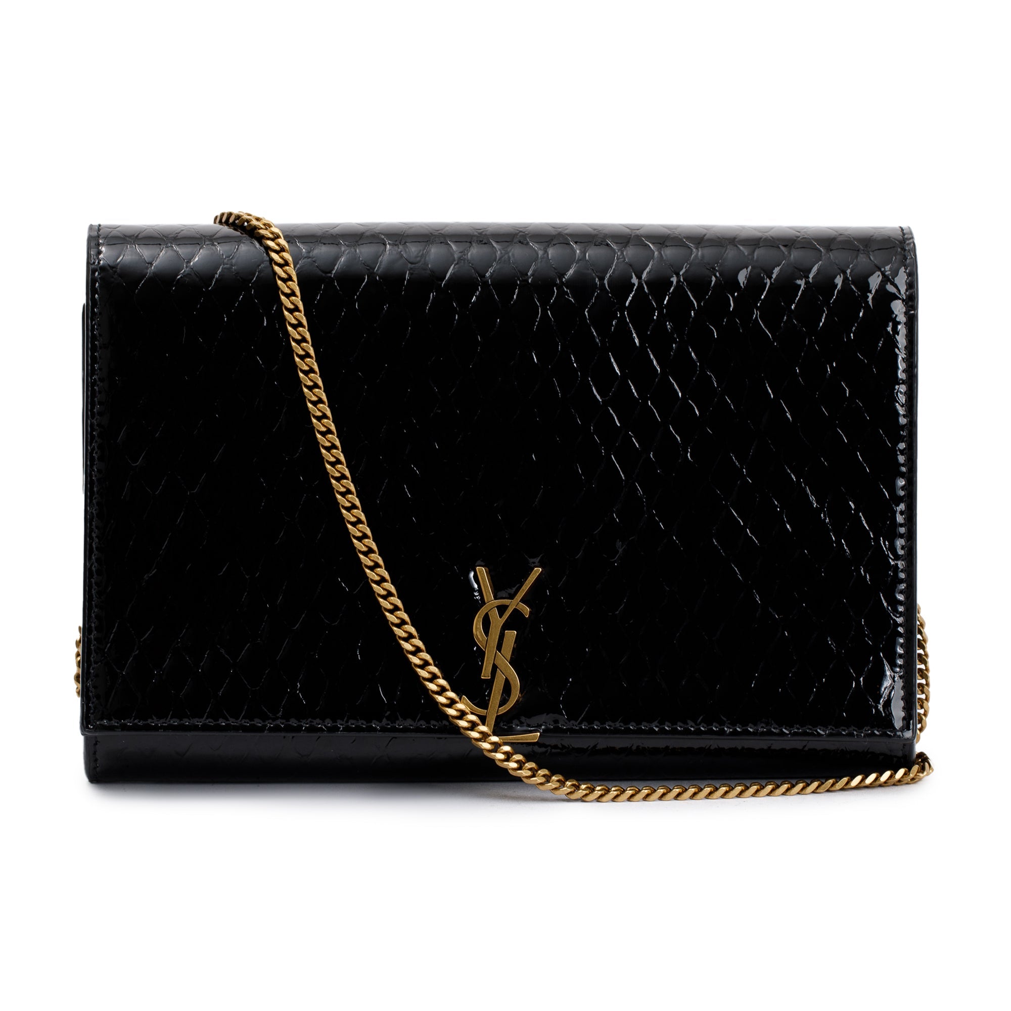Saint Laurent 2022 Black Python Embossed Patent Leather Chain Wallet
