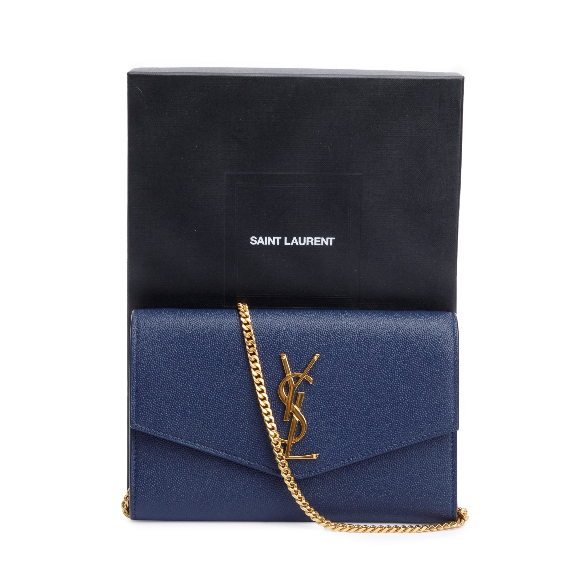 Saint Laurent 2022 Blue Grain De Poudre Leather Uptown Chain Wallet w/ Box