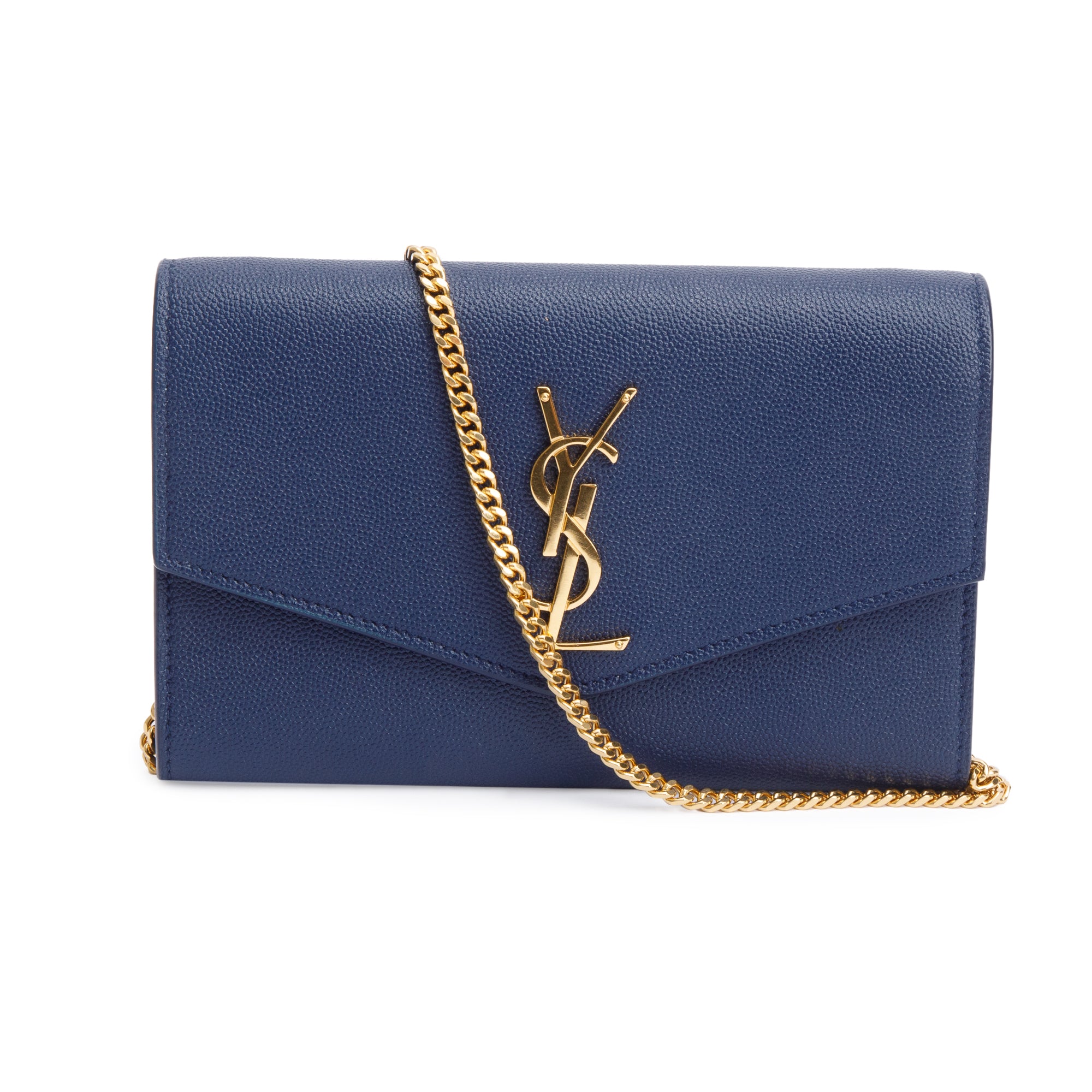 Saint Laurent 2022 Blue Grain De Poudre Leather Uptown Chain Wallet w/ Box