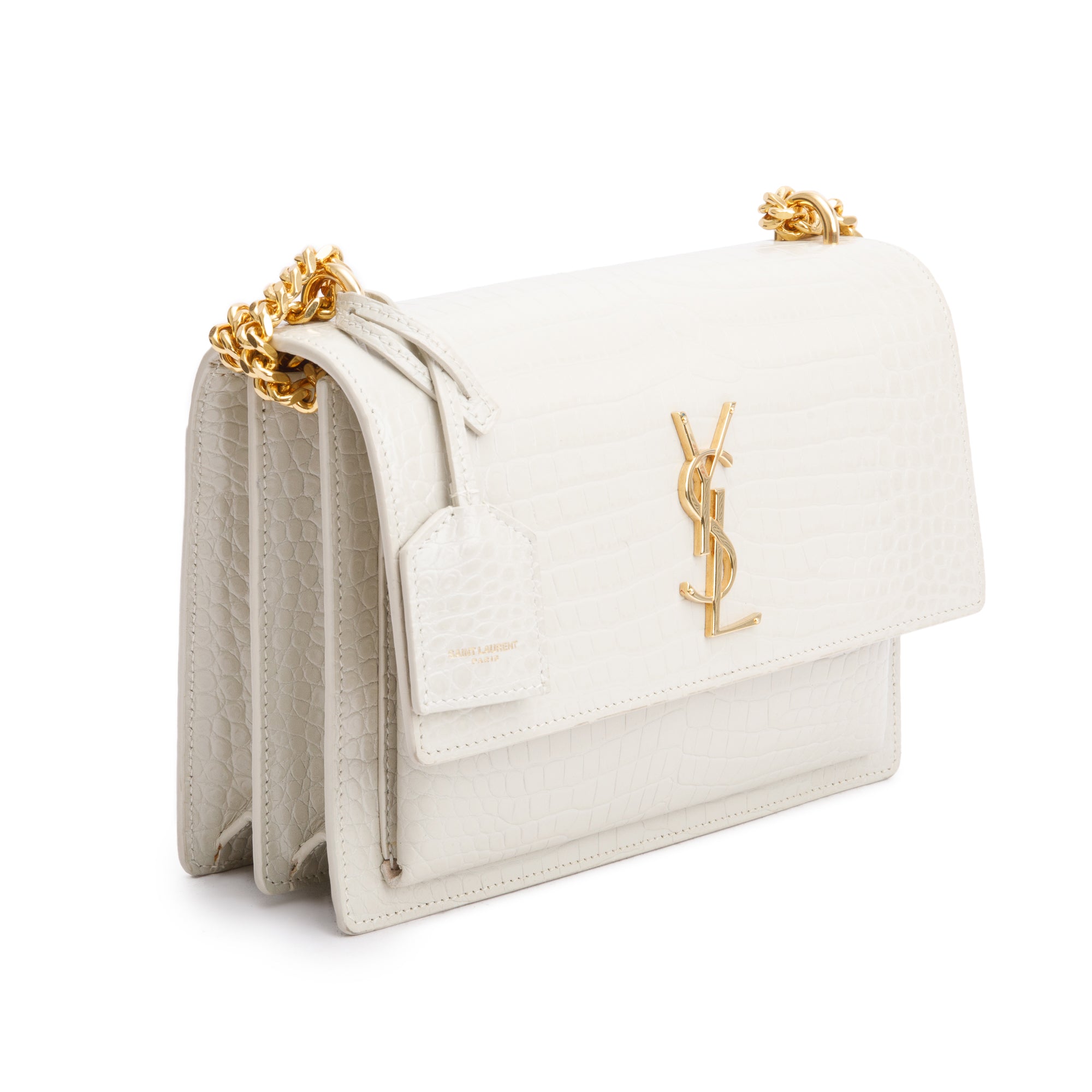 Saint Laurent 2022 Creme Medium Crocodile Embossed Sunset Bag w/ Box & Receipt