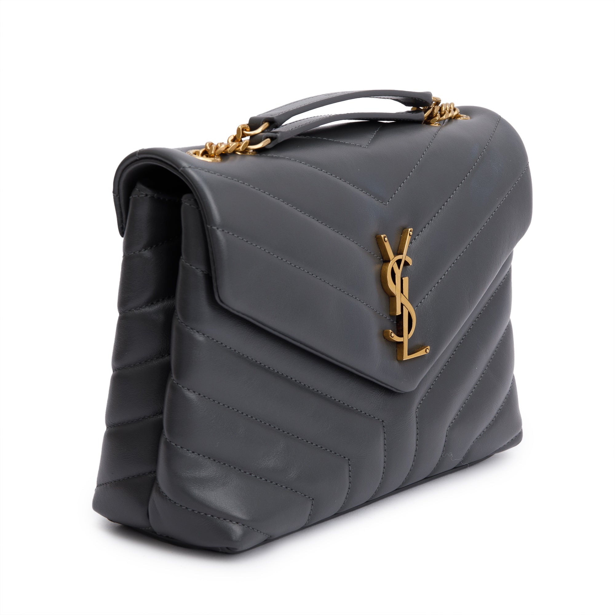 Saint Laurent 2022 Grey Calfskin Leather Small Loulou Monogram Shoulder Bag