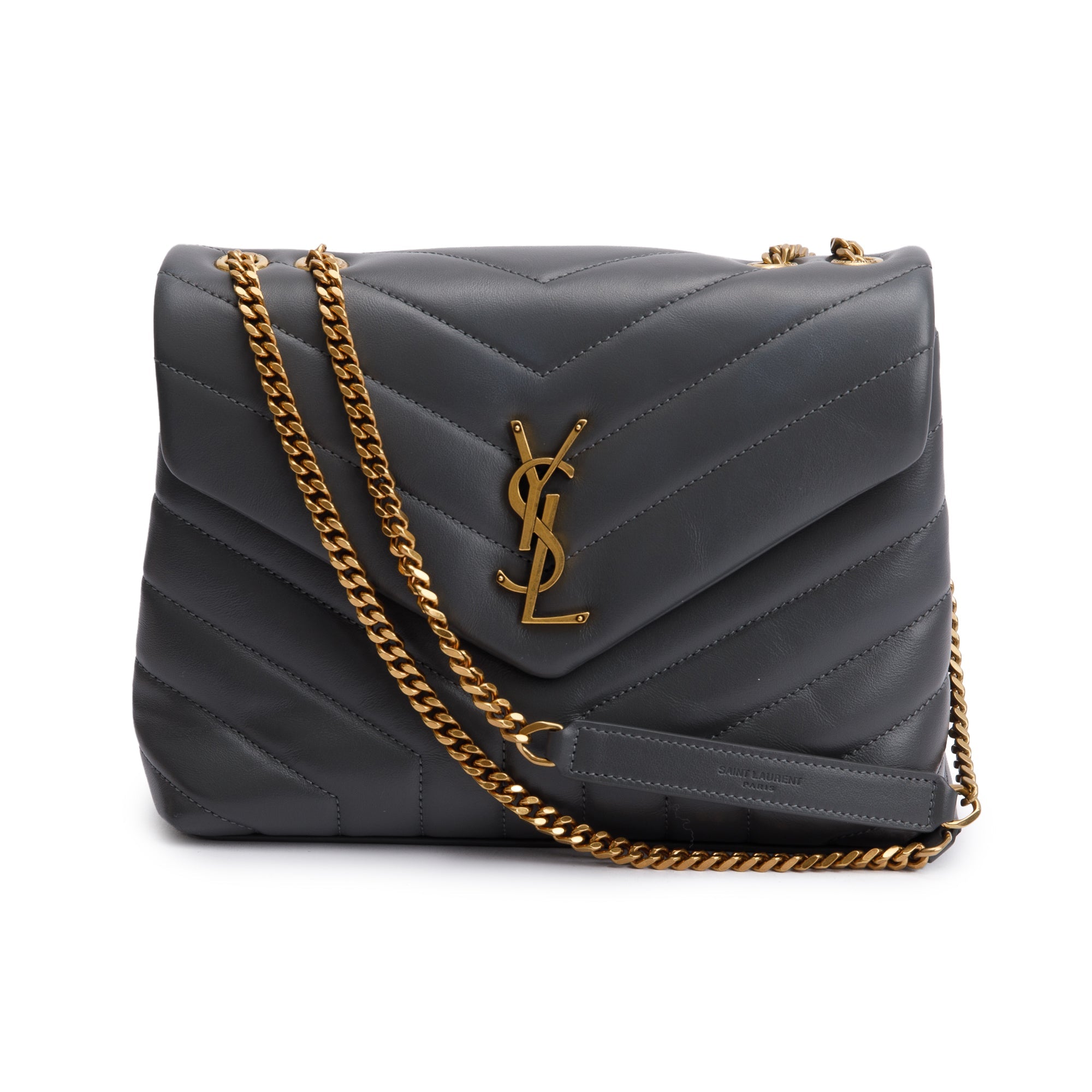 Saint Laurent 2022 Grey Calfskin Leather Small Loulou Monogram Shoulder Bag