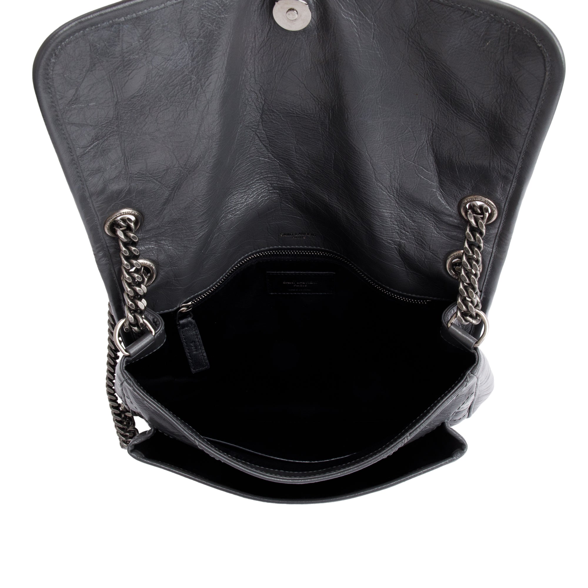 Saint Laurent 2022 Grey Crinkled Calfskin Leather Medium Niki Shoulder Bag