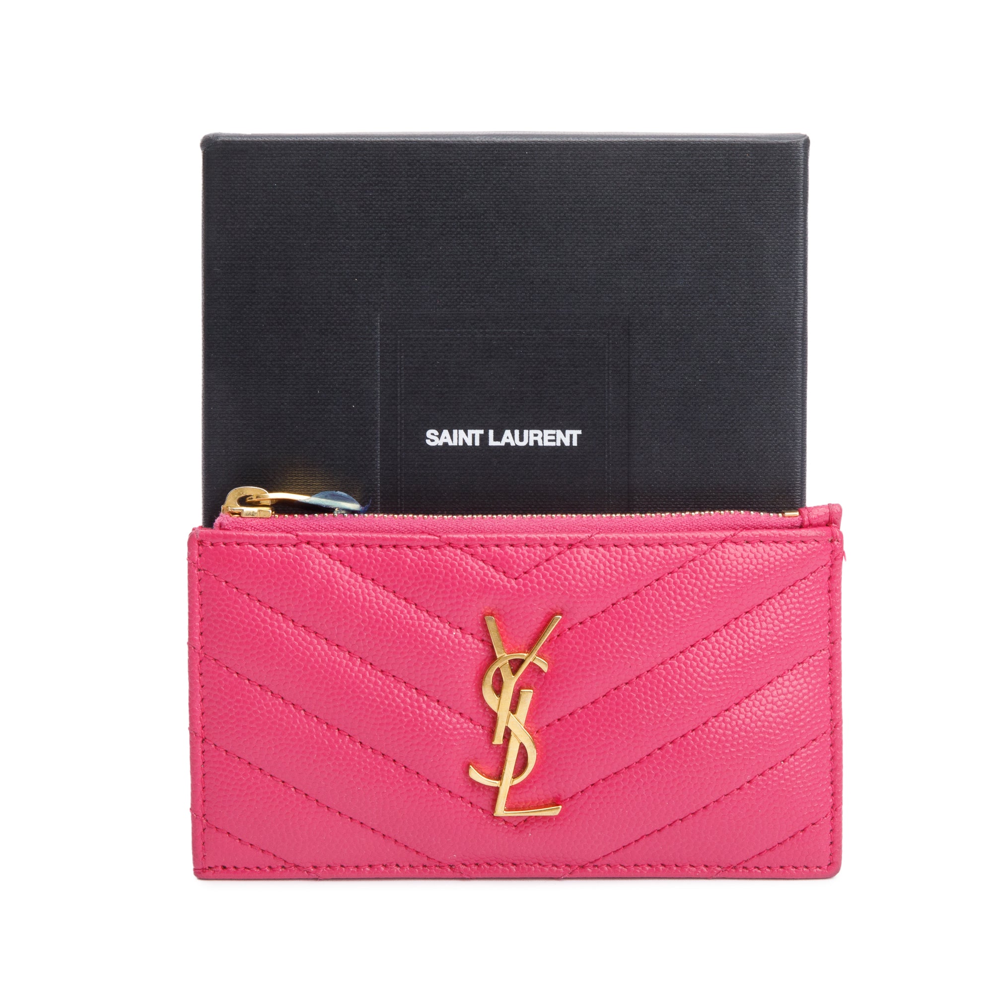 Saint Laurent 2022 Pink Grain De Poudre Leather Cassandre Matelasse Fragments Zipped Card Case w/ Box & Receipt