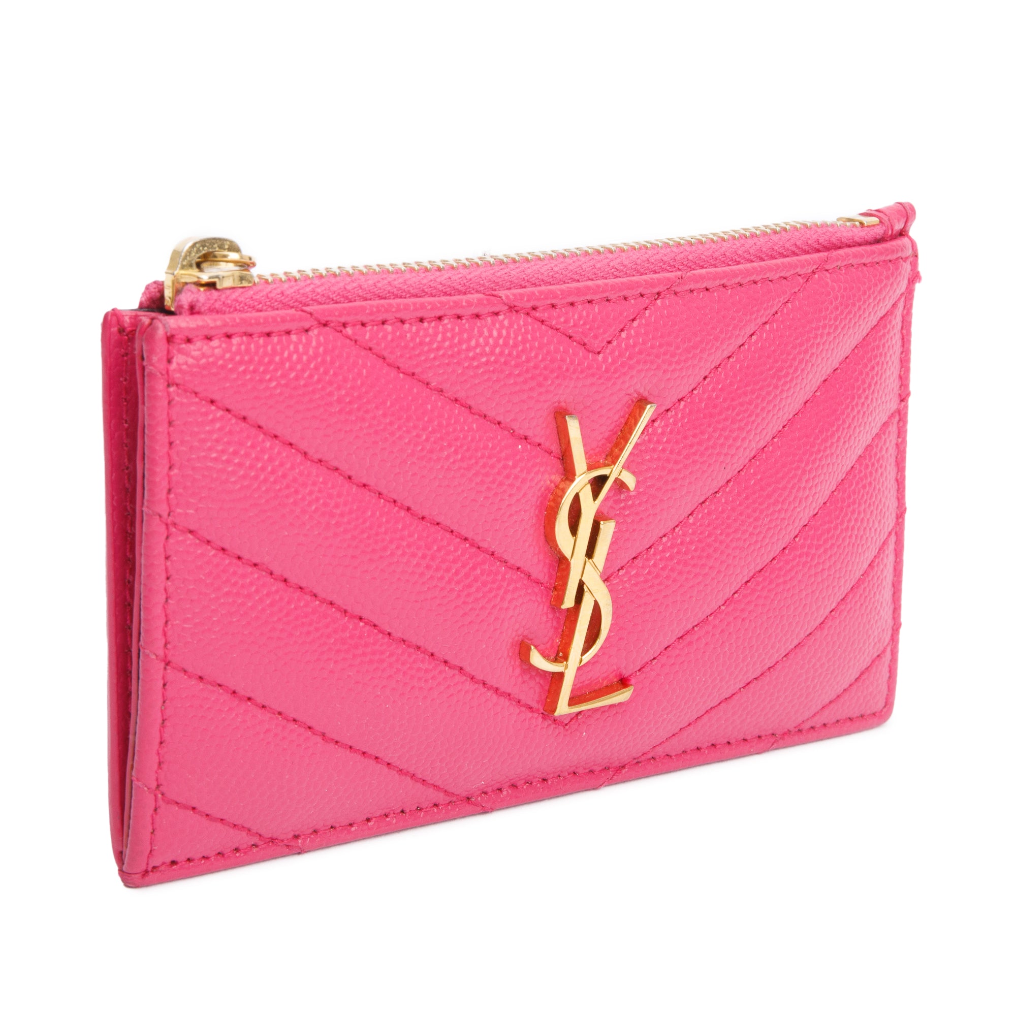Saint Laurent 2022 Pink Grain De Poudre Leather Cassandre Matelasse Fragments Zipped Card Case w/ Box & Receipt