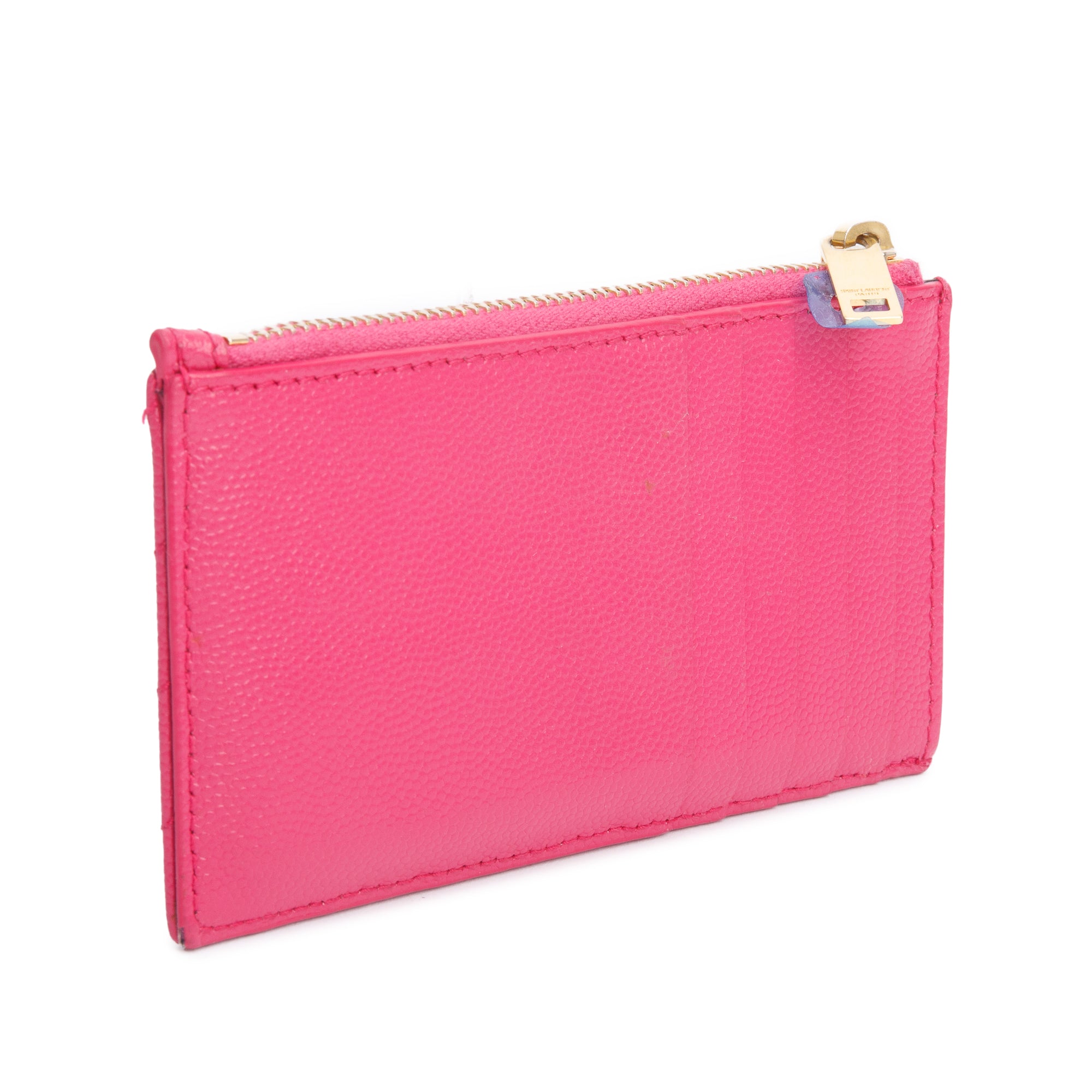 Saint Laurent 2022 Pink Grain De Poudre Leather Cassandre Matelasse Fragments Zipped Card Case w/ Box & Receipt
