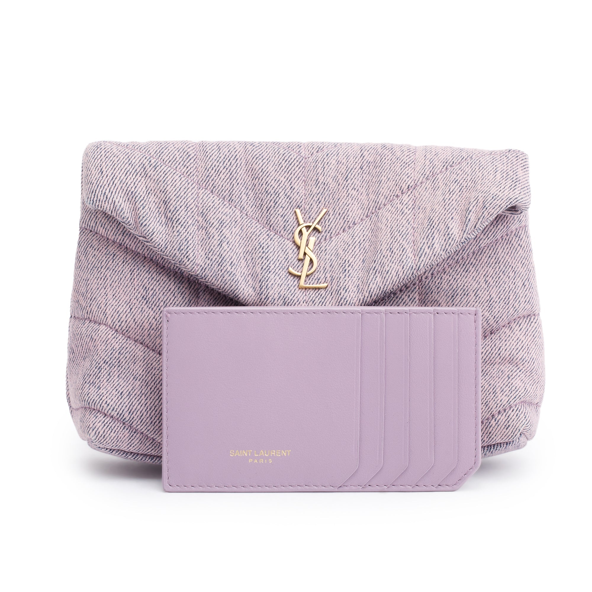 Saint Laurent 2022 Purple Denim Small Puffer Pouch w/ Card Case
