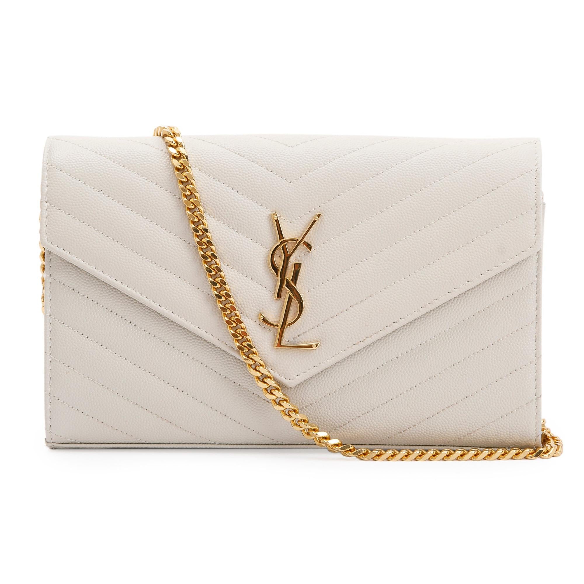 Saint Laurent 2022 White Grained de Poudre Cassandre Matelasse Chain Wallet