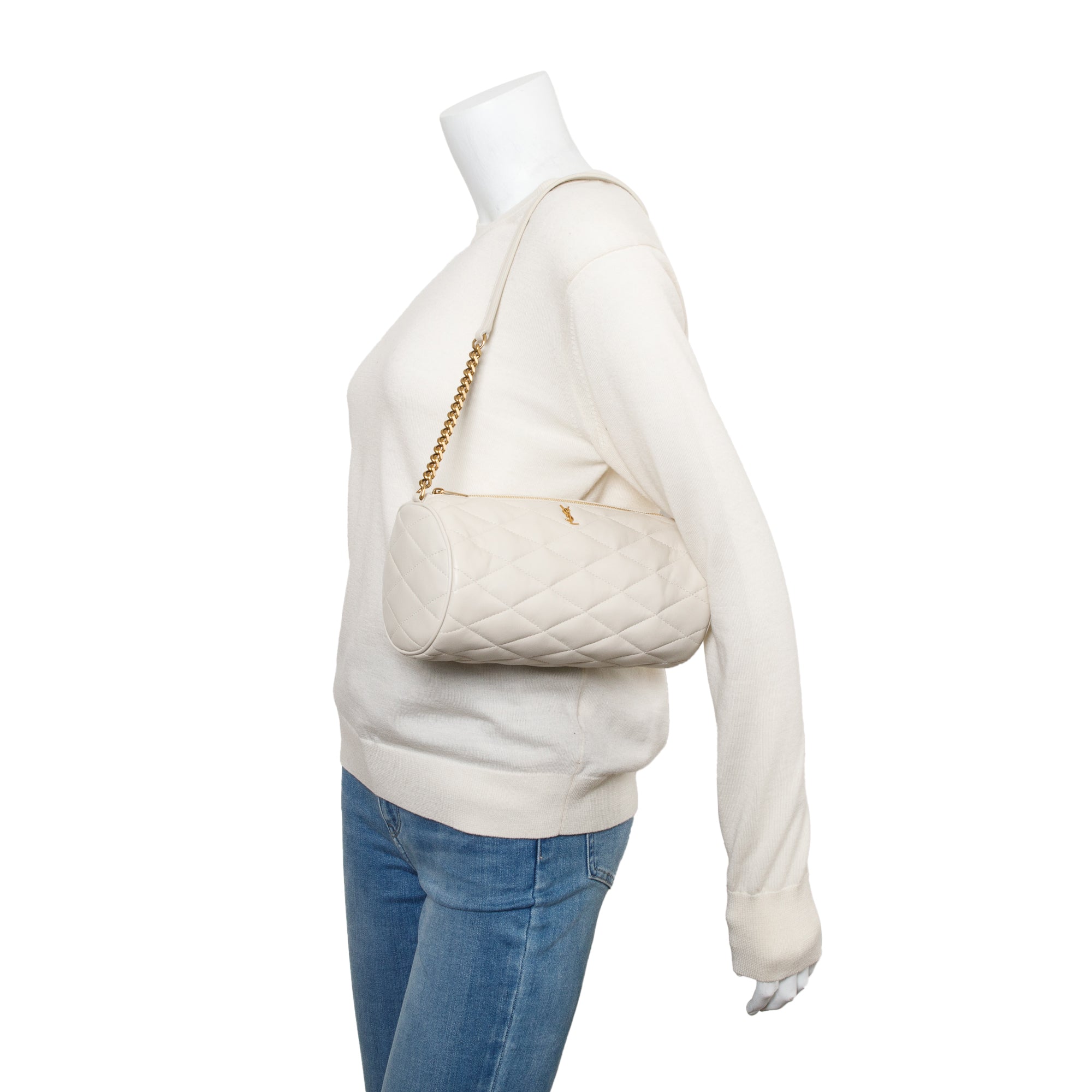 Saint Laurent 2022 White Quilted Lambskin Leather Small Sade Tube Bag