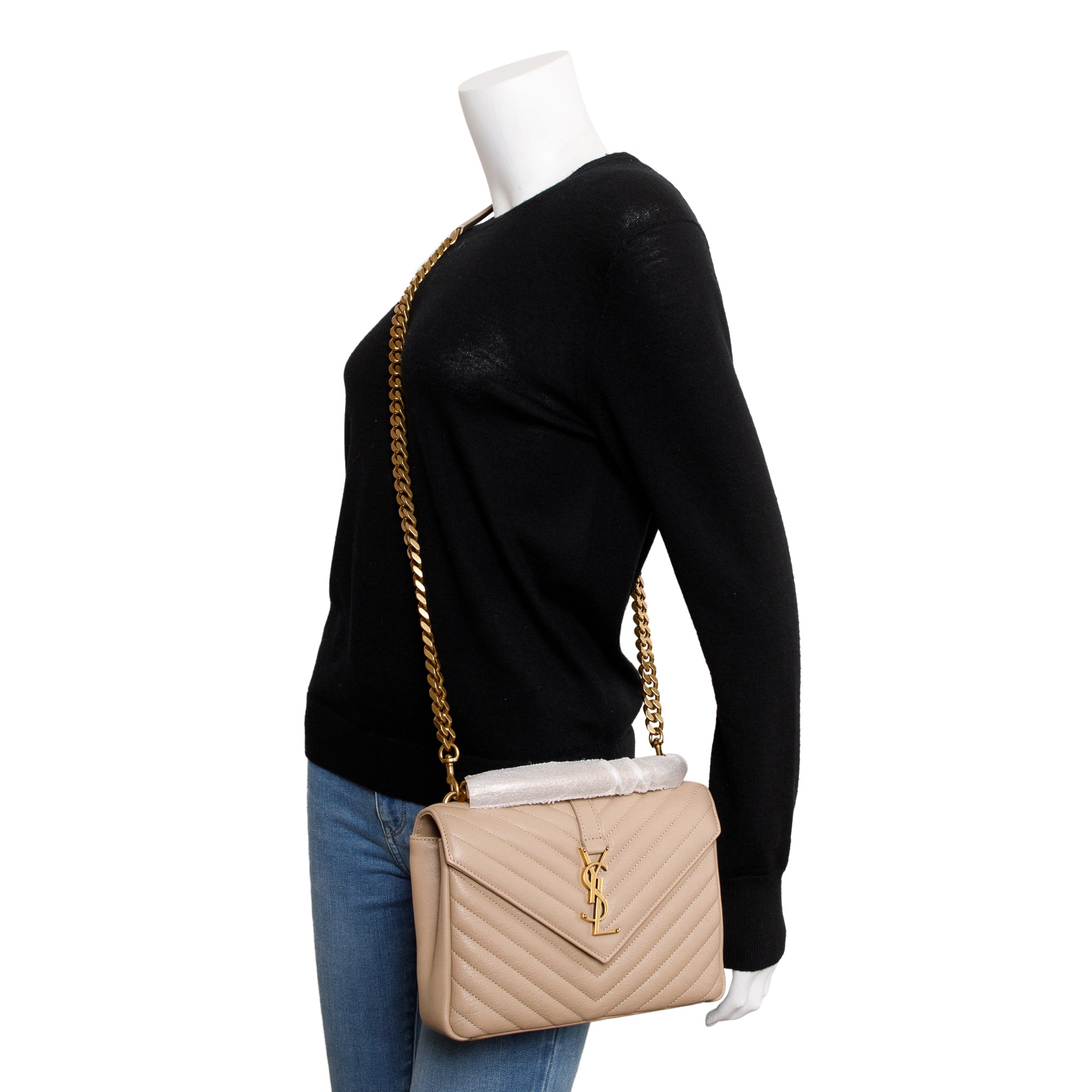 Saint Laurent 2023 Beige Leather Medium Chevron College Bag w/ Box