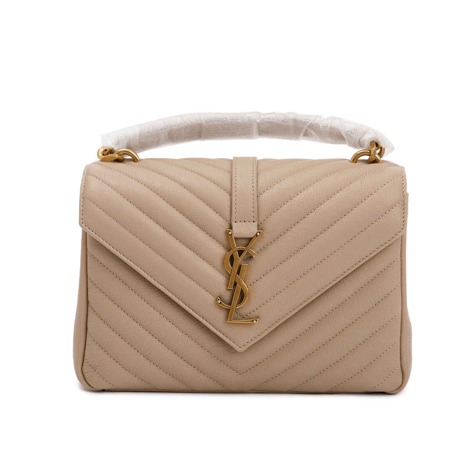 Saint Laurent 2023 Beige Leather Medium Chevron College Bag w/ Box