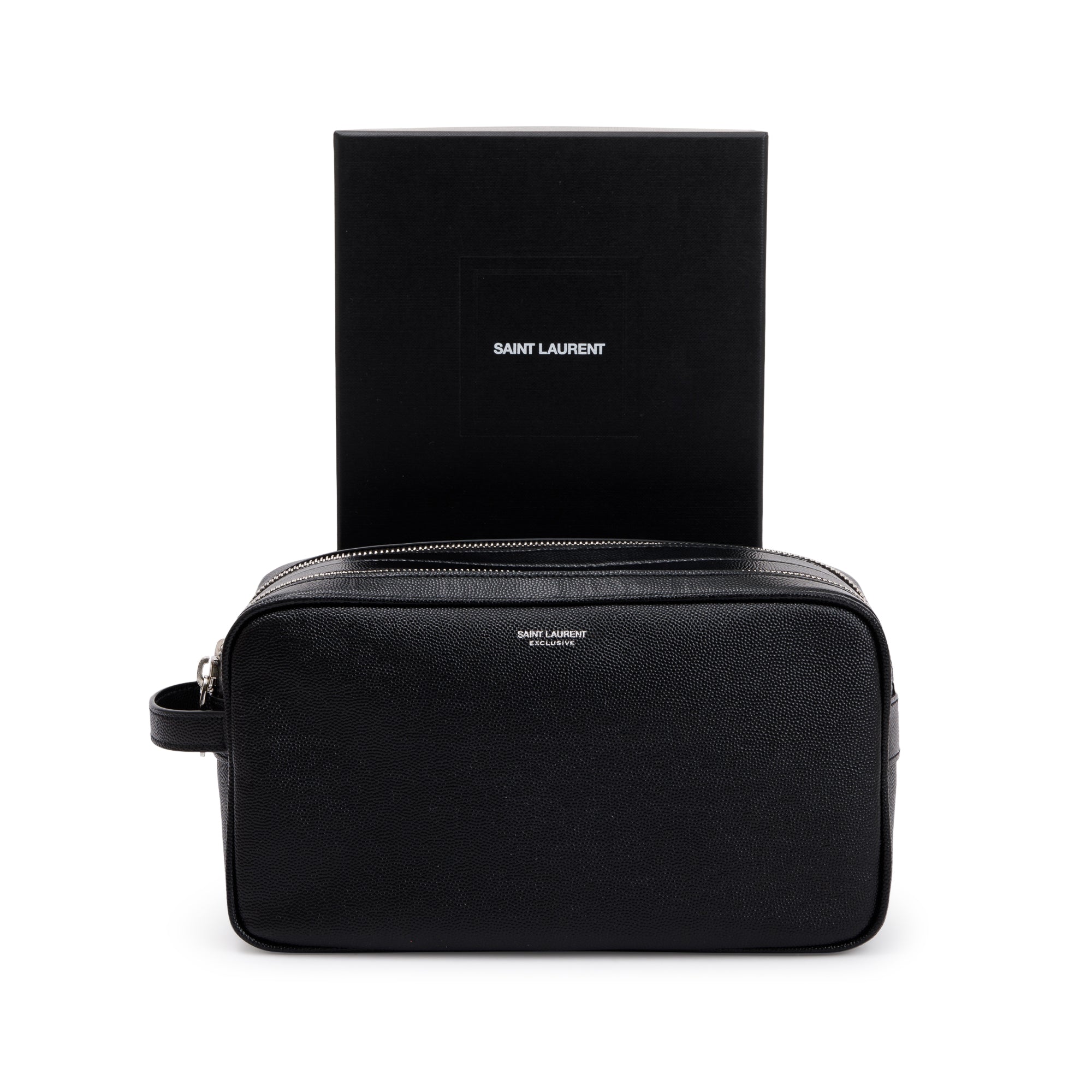 Saint Laurent 2023 Black Calfskin Leather Double Zip Cosmetic Case w/ Box