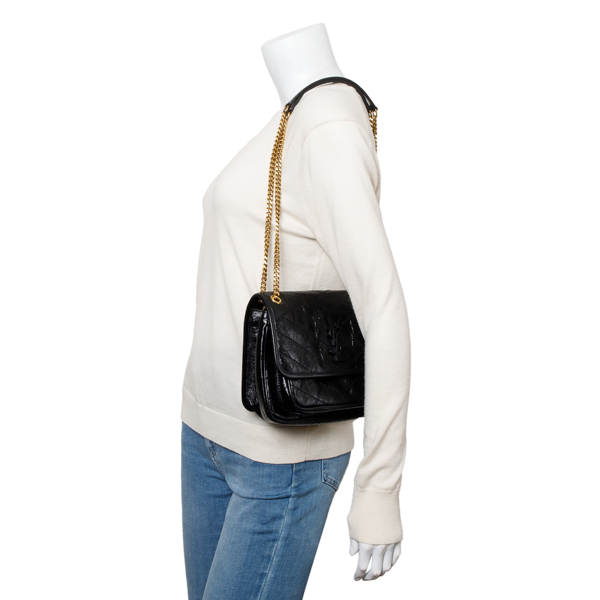 Saint Laurent 2023 Black Crinkled Calfskin Leather Baby Niki Shoulder Bag w/ Box & Receipt