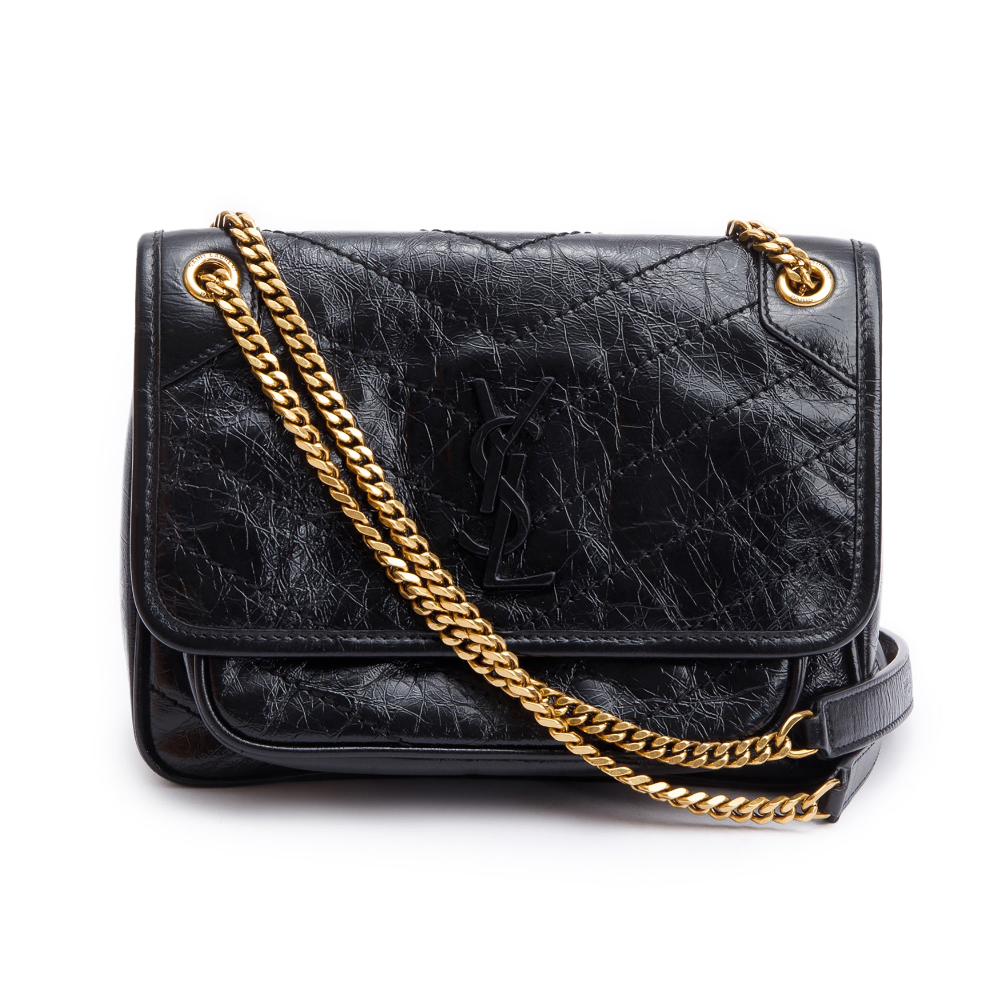 Saint Laurent 2023 Black Crinkled Calfskin Leather Baby Niki Shoulder Bag w/ Box & Receipt