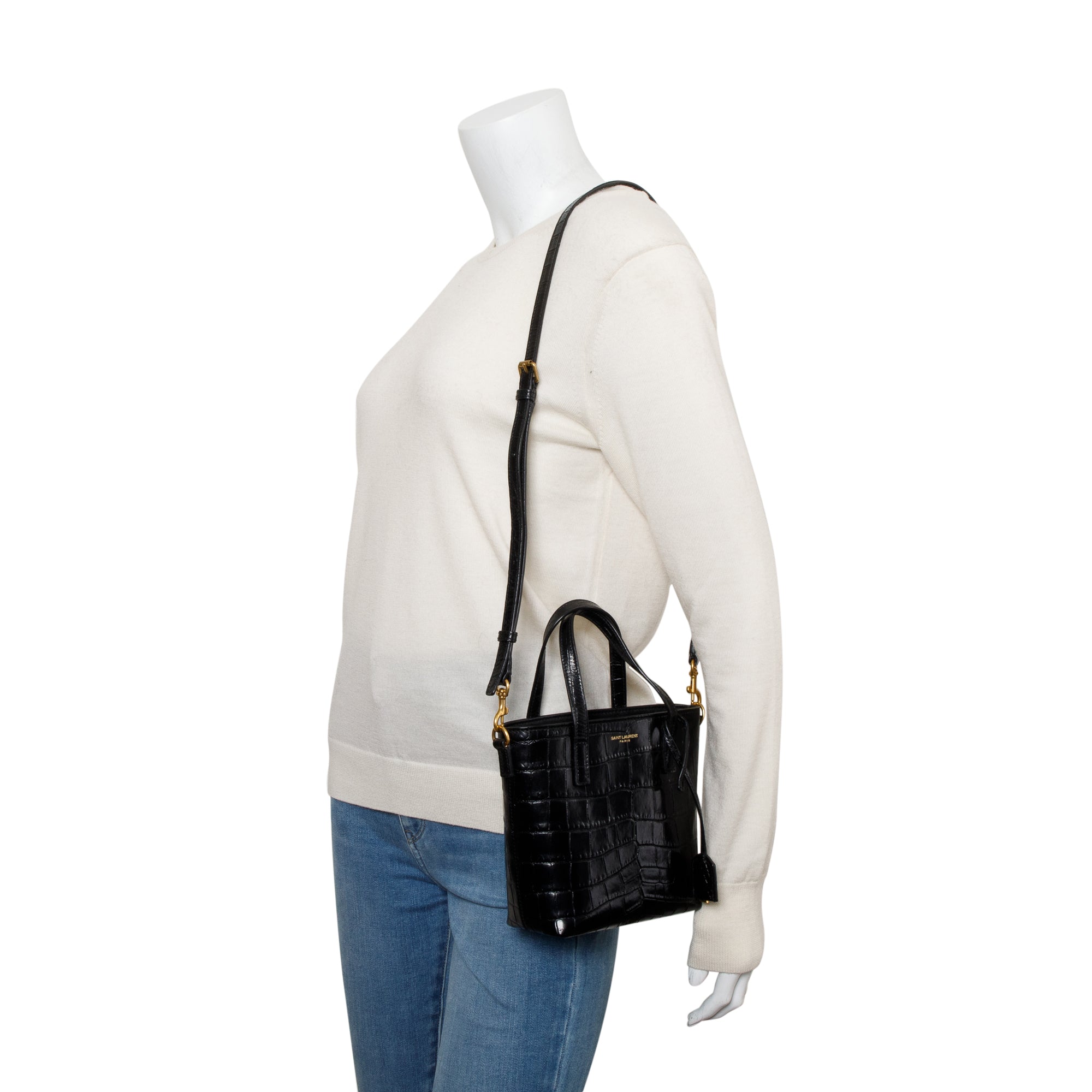 Saint Laurent 2023 Black Croc-Embossed Mini Toy Shopping Tote w/ Strap