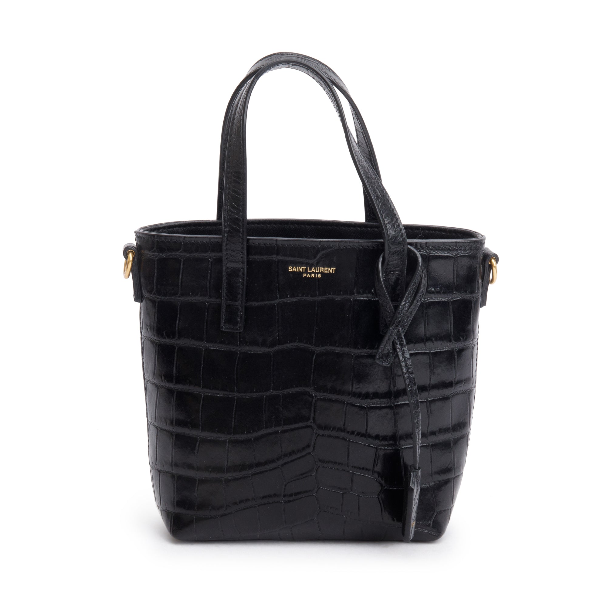 Saint Laurent 2023 Black Croc-Embossed Mini Toy Shopping Tote w/ Strap