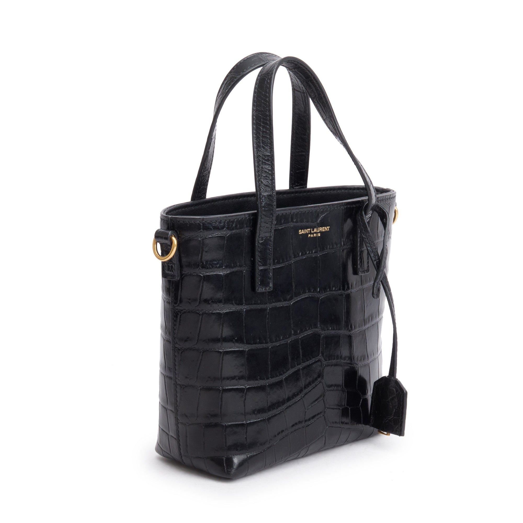 Saint Laurent 2023 Black Croc-Embossed Mini Toy Shopping Tote w/ Strap