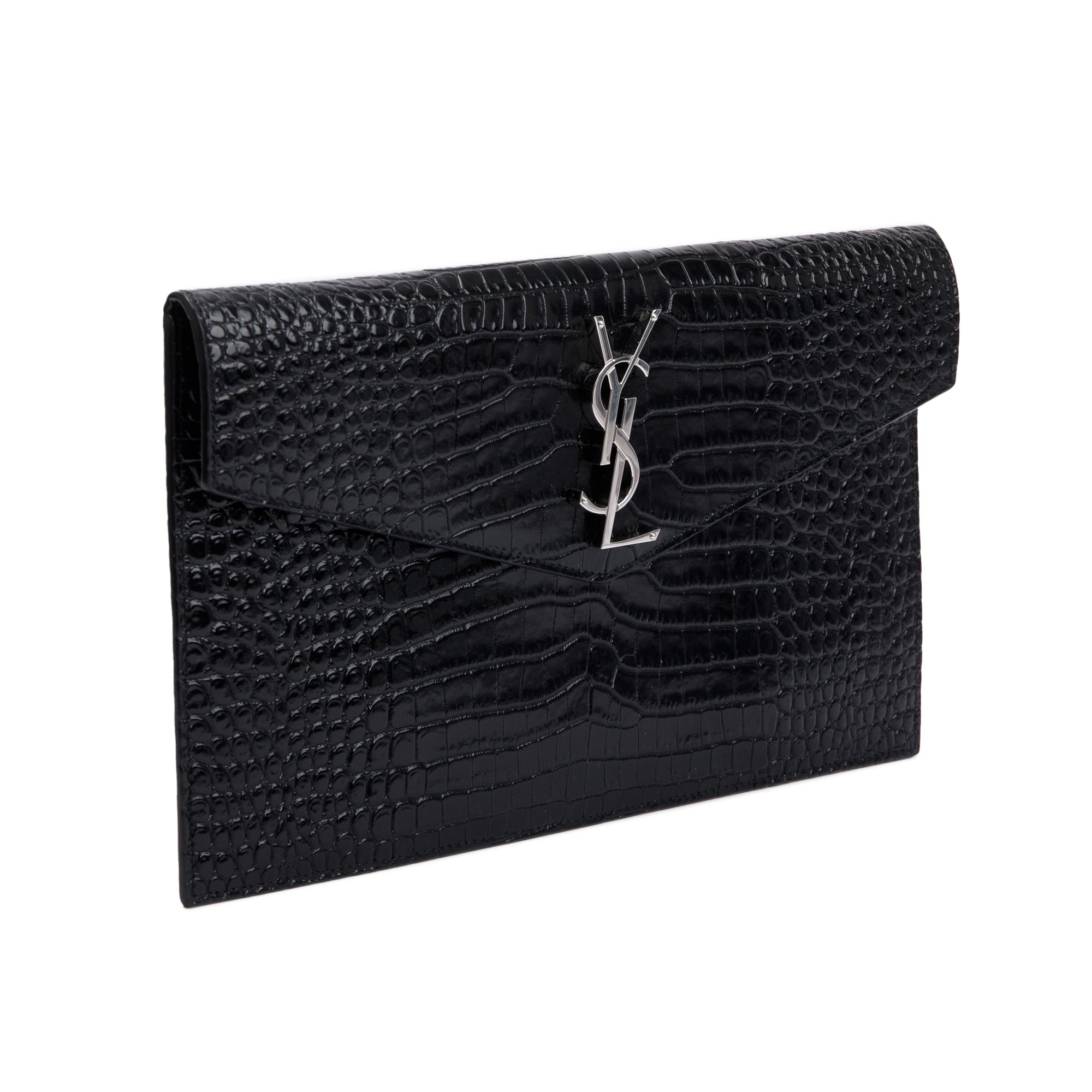Saint Laurent 2023 Black Crocodile-Embossed Leather Uptown Pouch