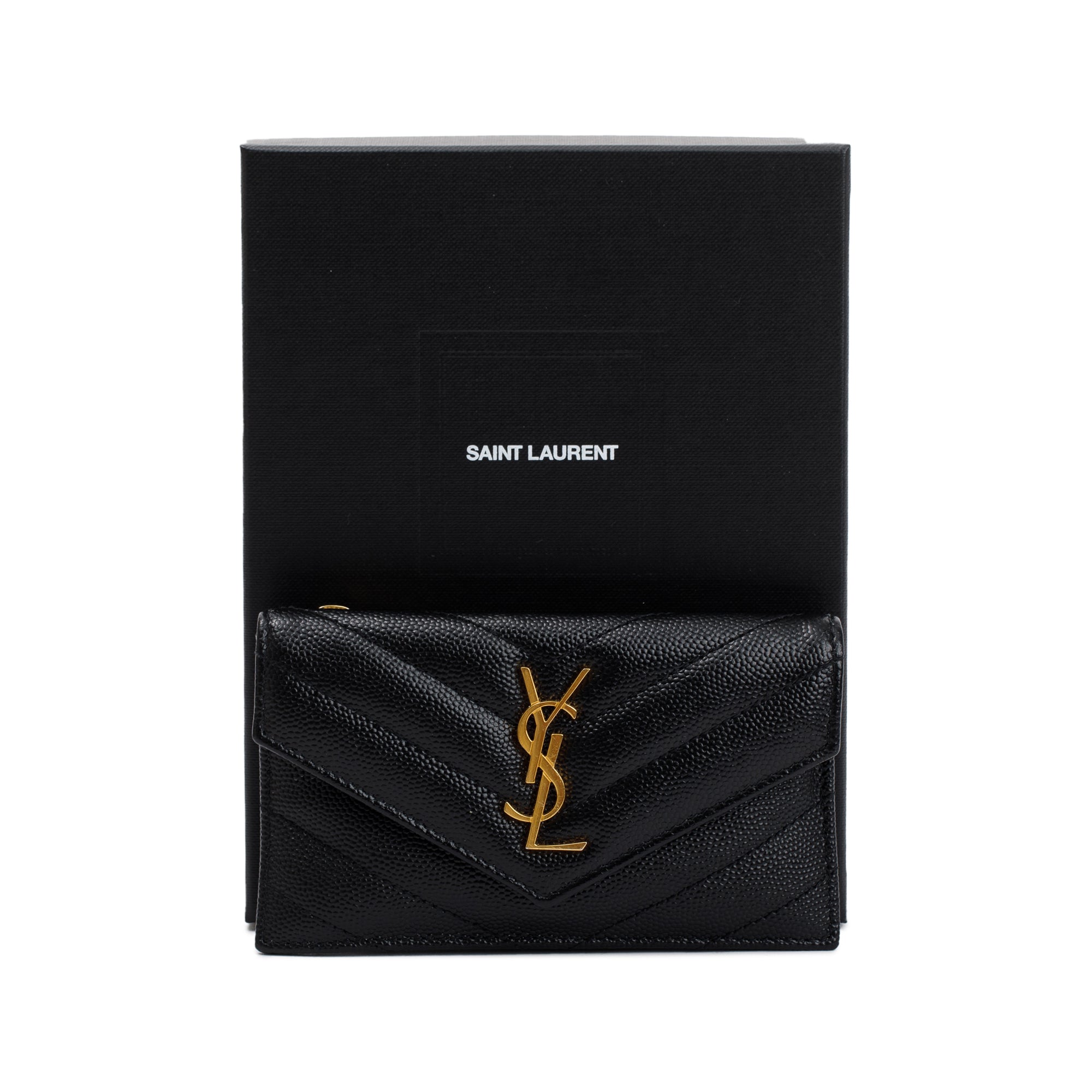 Saint Laurent 2023 Black Grain De Poudre Cassandre Matelasse Fragments Flap Card Case w/ Box