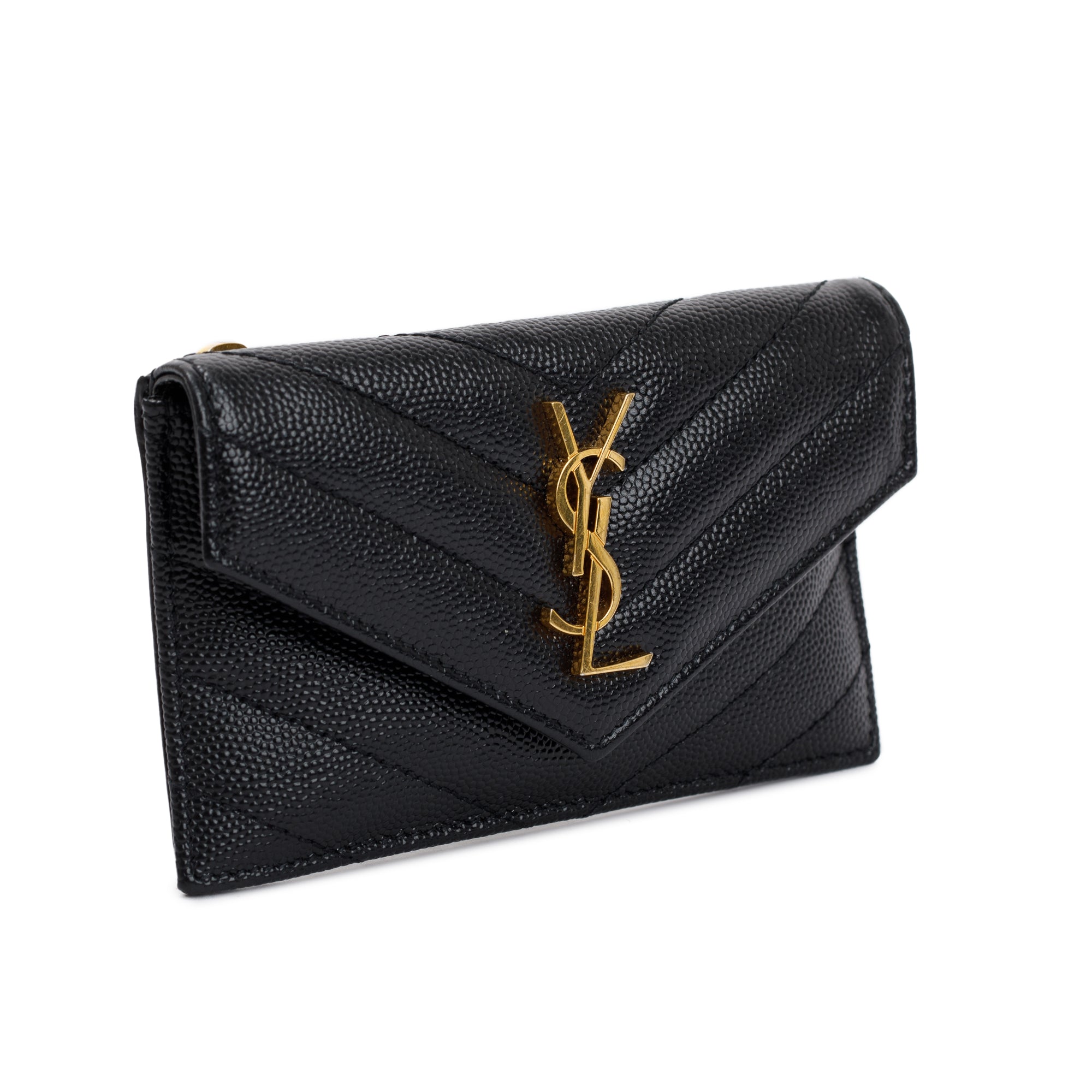 Saint Laurent 2023 Black Grain De Poudre Cassandre Matelasse Fragments Flap Card Case w/ Box