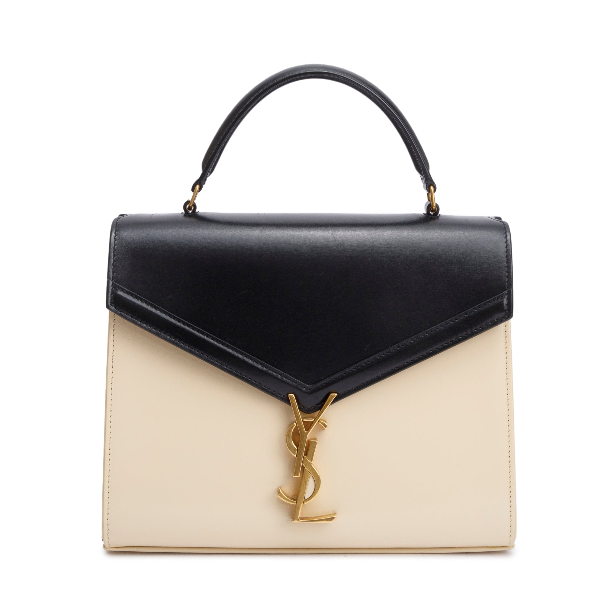 Saint Laurent 2023 Black & Ivory Smooth Leather Cassandra Medium Top Handle Bag
