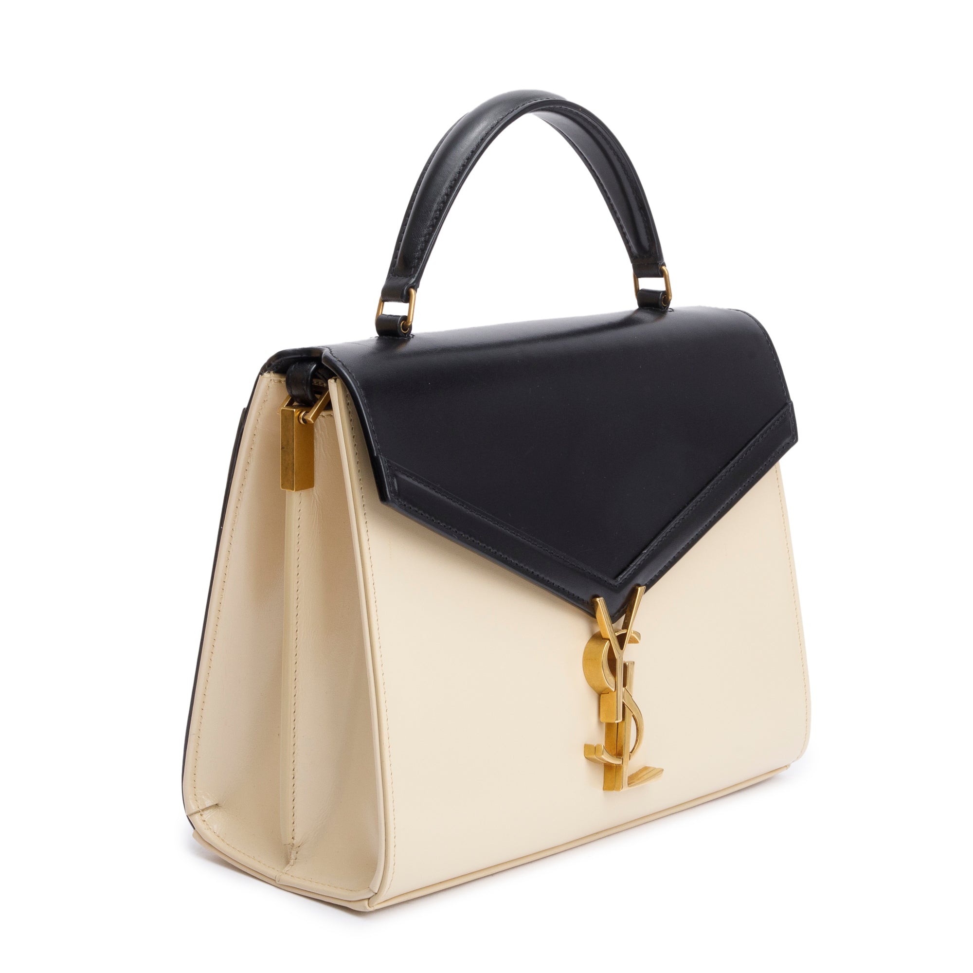 Saint Laurent 2023 Black & Ivory Smooth Leather Cassandra Medium Top Handle Bag