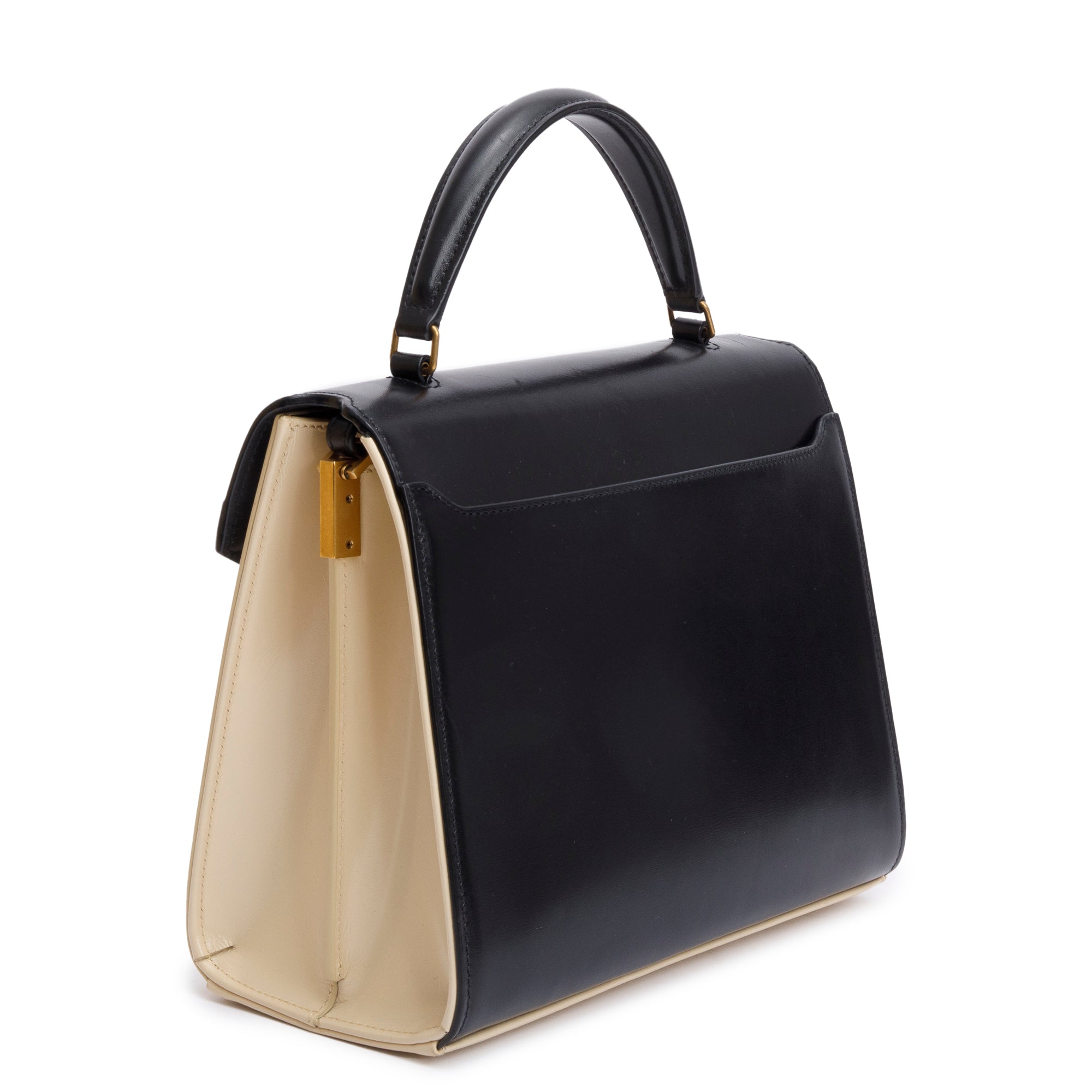 Saint Laurent 2023 Black & Ivory Smooth Leather Cassandra Medium Top Handle Bag
