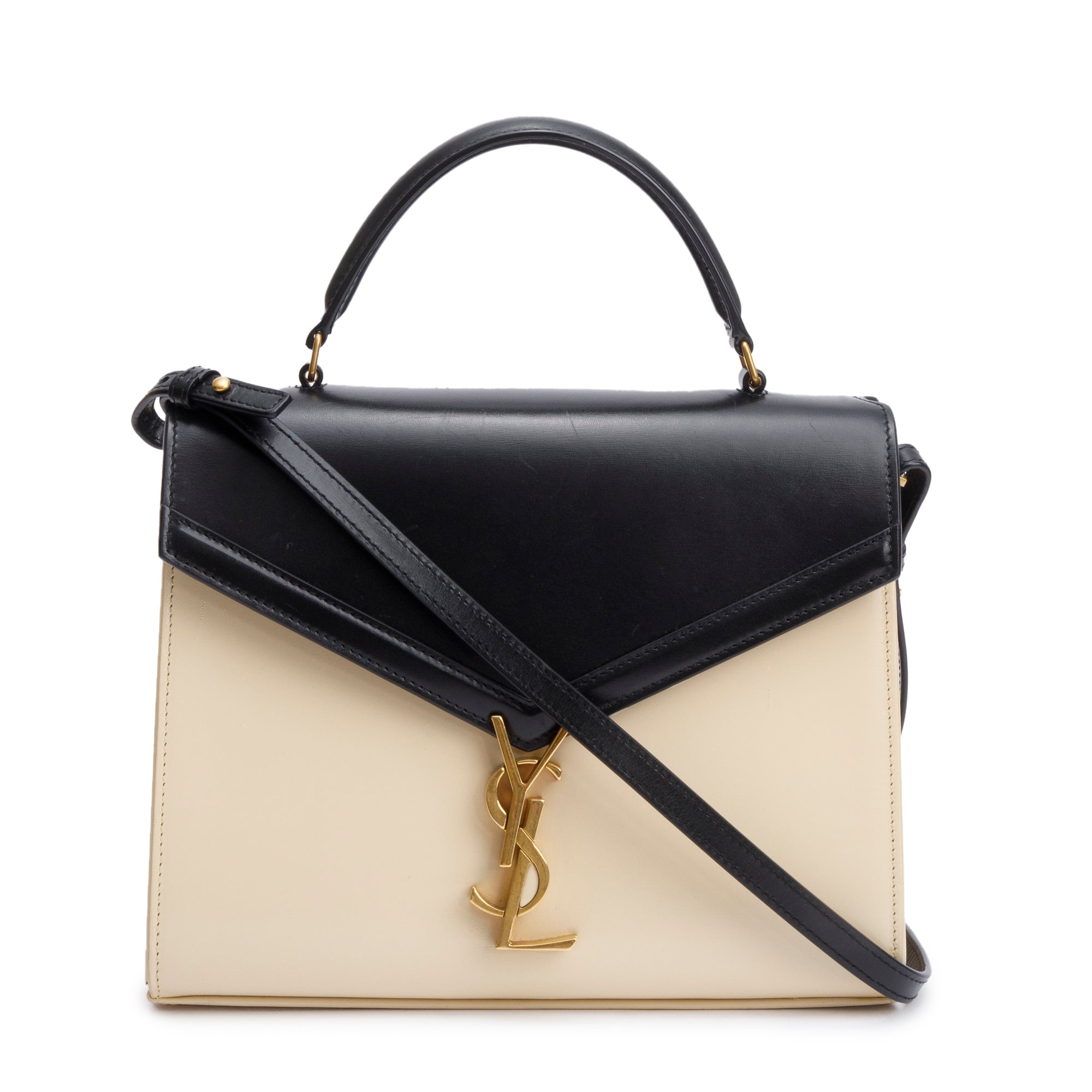 Saint Laurent 2023 Black & Ivory Smooth Leather Cassandra Medium Top Handle Bag