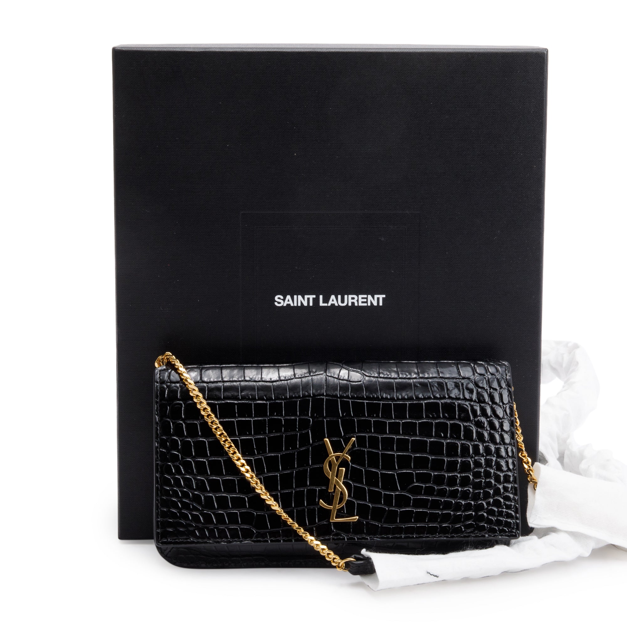 Saint Laurent 2023 Black Shiny Crocodile Embossed Leather Cassandre Phone Holder Bag w/ Box