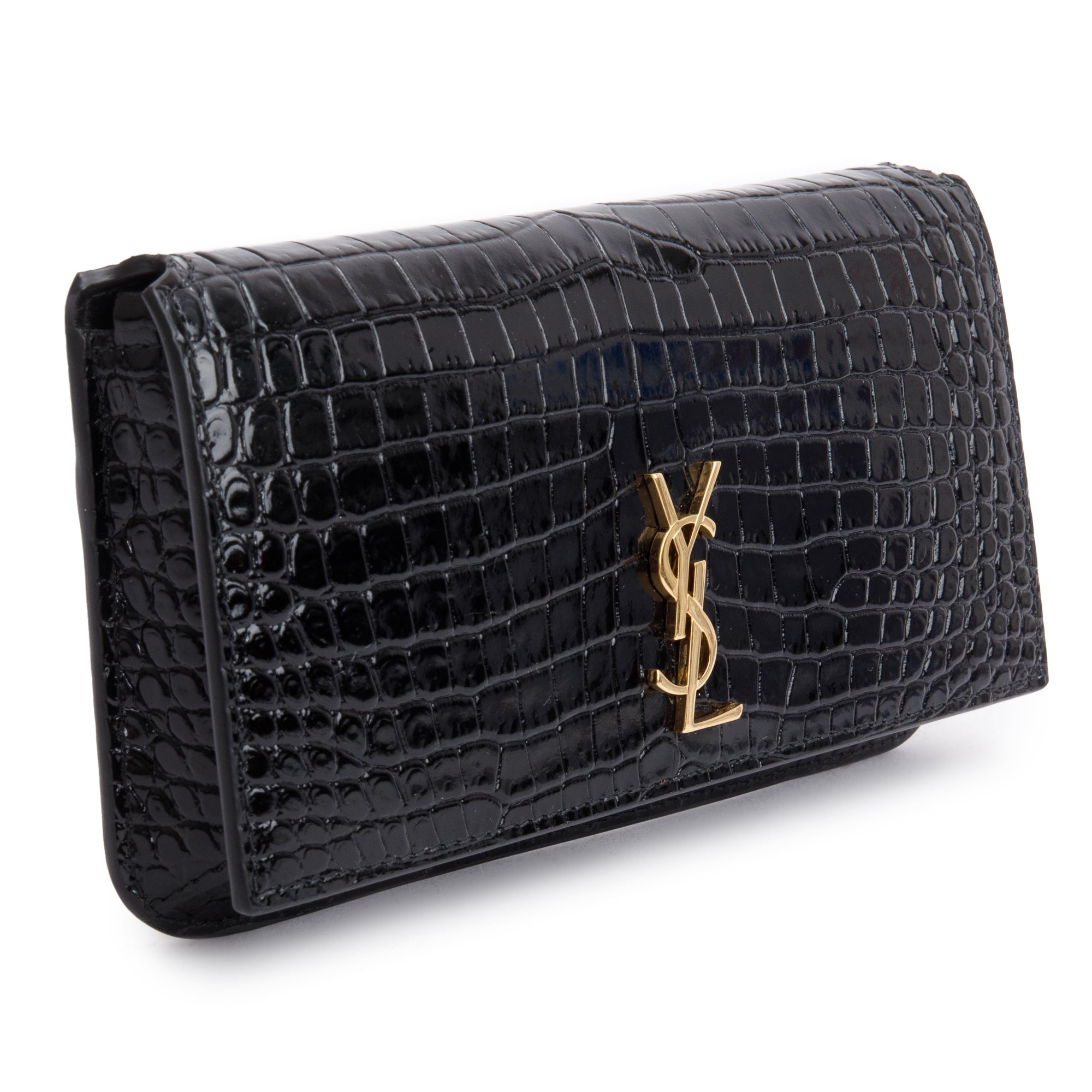 Saint Laurent 2023 Black Shiny Crocodile Embossed Leather Cassandre Phone Holder Bag w/ Box