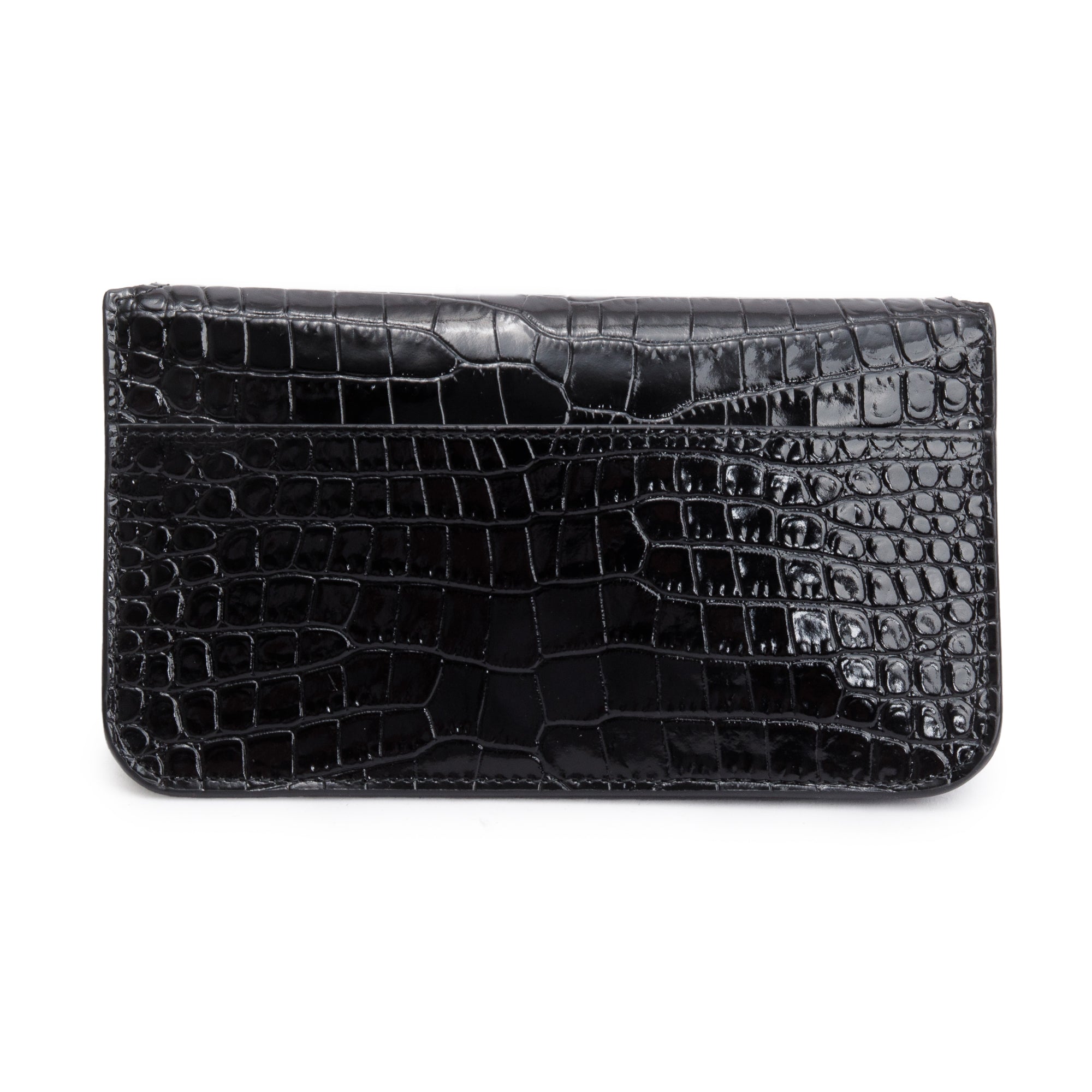Saint Laurent 2023 Black Shiny Crocodile Embossed Leather Cassandre Phone Holder Bag w/ Box