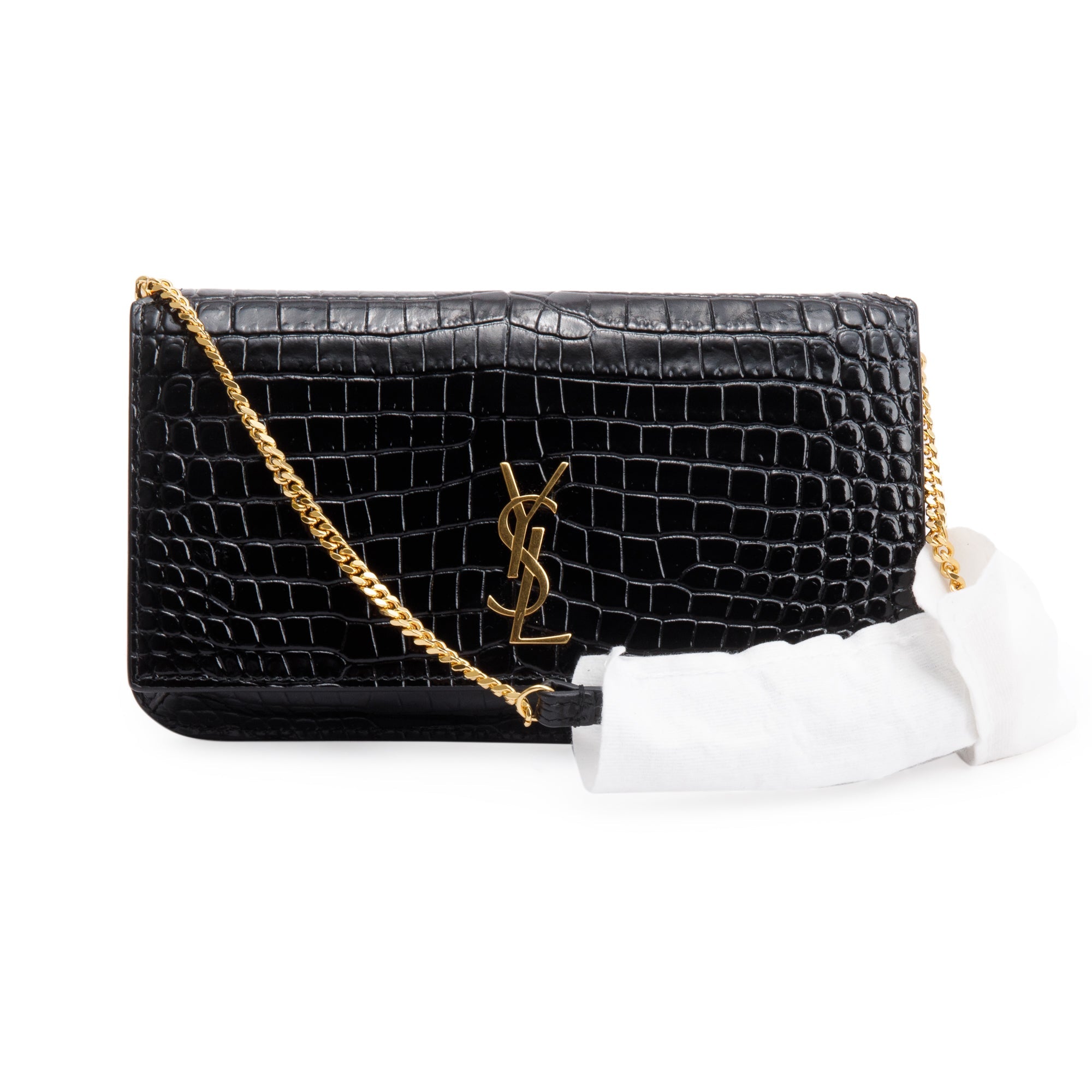 Saint Laurent 2023 Black Shiny Crocodile Embossed Leather Cassandre Phone Holder Bag w/ Box