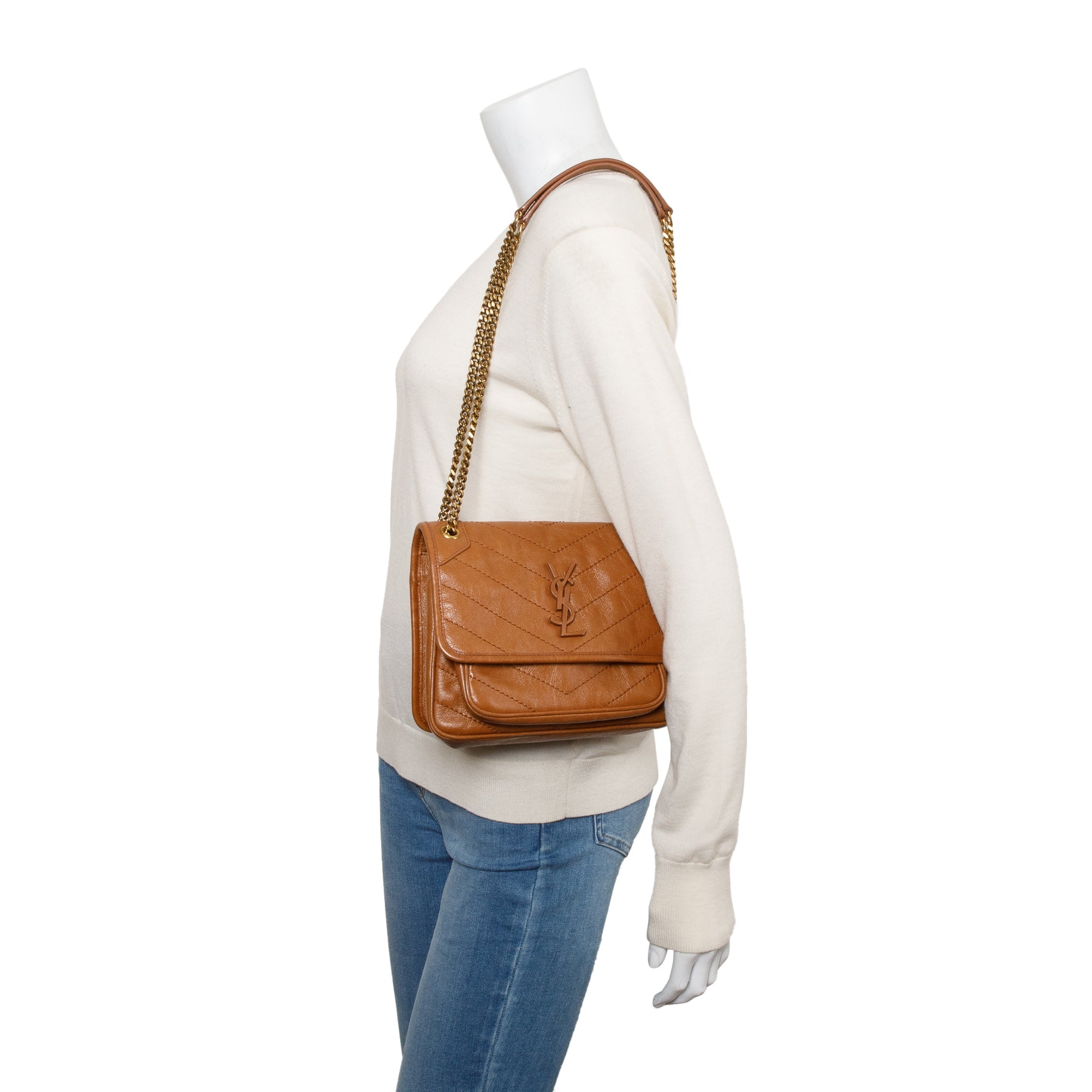 Saint Laurent 2023 Brown Crinkled Calfskin Leather Baby Niki Shoulder Bag