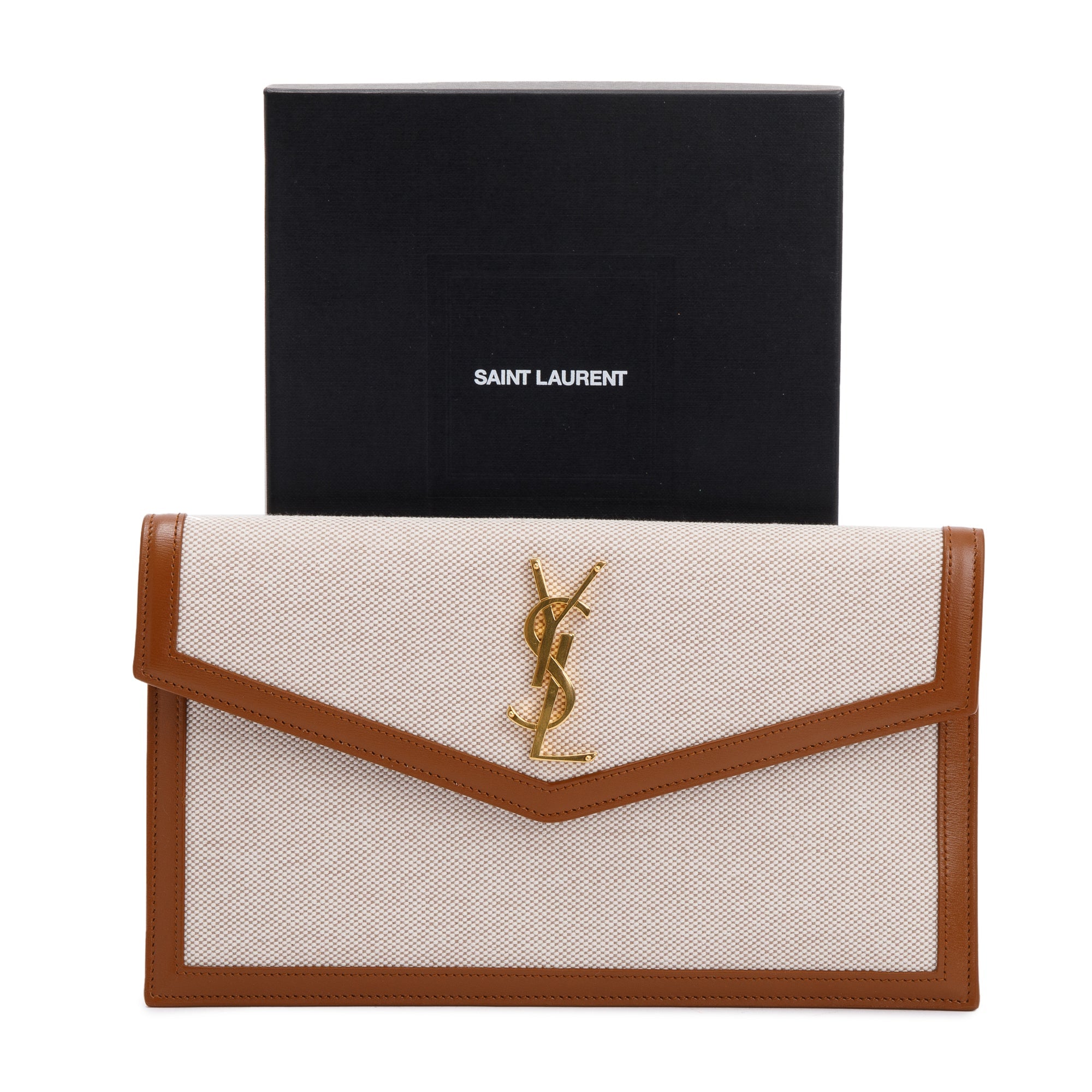 Saint Laurent 2023 Natural Beige Canvas & Leather Uptown Pouch w/ Box