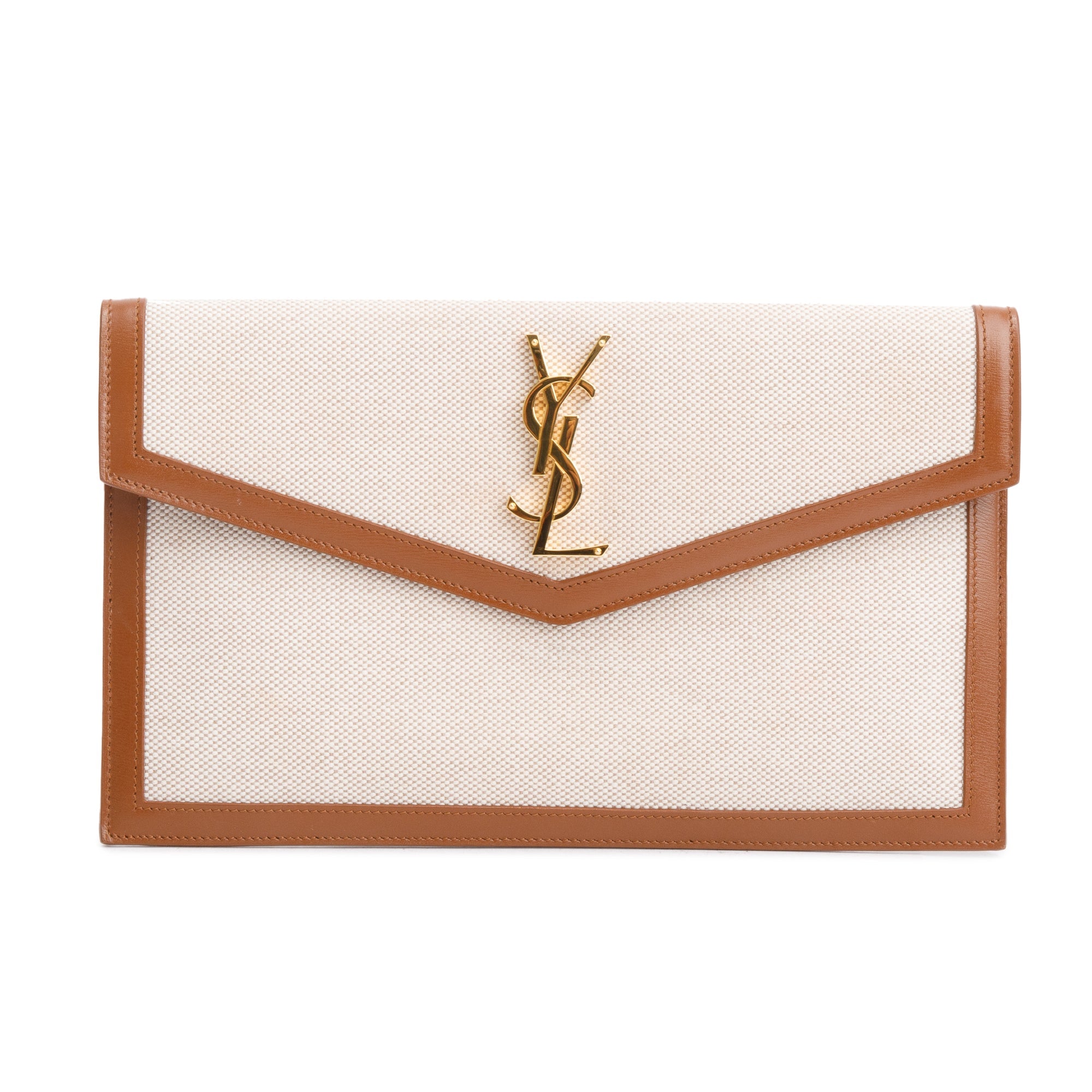 Saint Laurent 2023 Neutral Canvas Brown Smooth Leather Uptown Pouch w/ Box