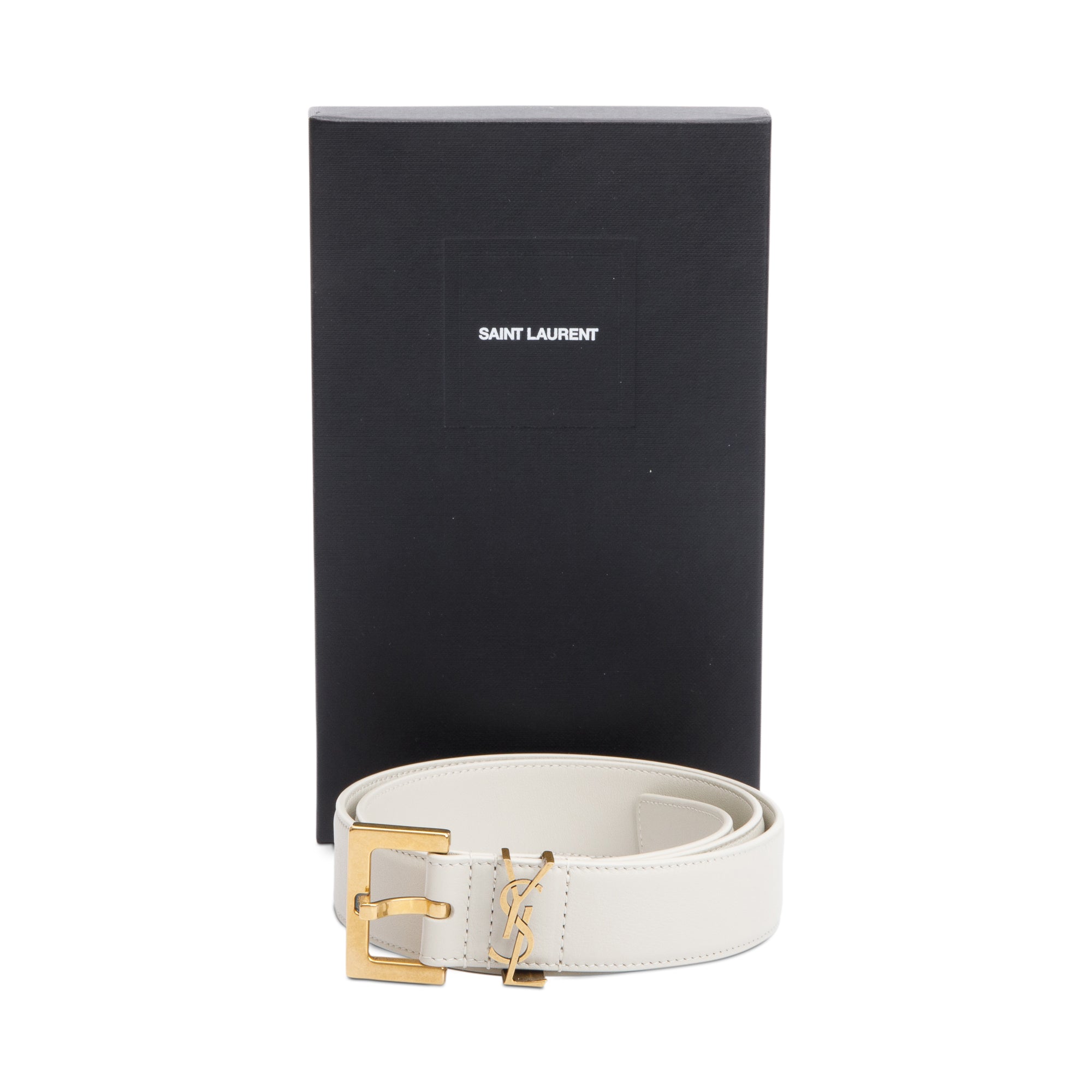 Saint Laurent 2023 White Calfskin Leather Square Buckle Cassandre Belt 80 w/ Box
