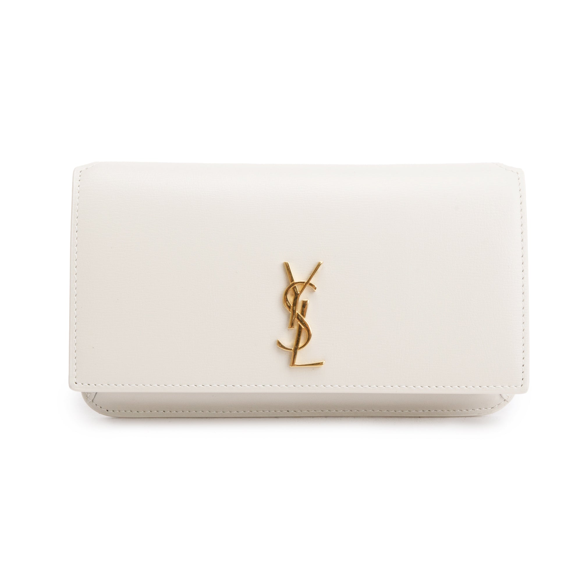 Saint Laurent 2023 White Smooth Leather Cassandre Phone Holder Bag w/ Box