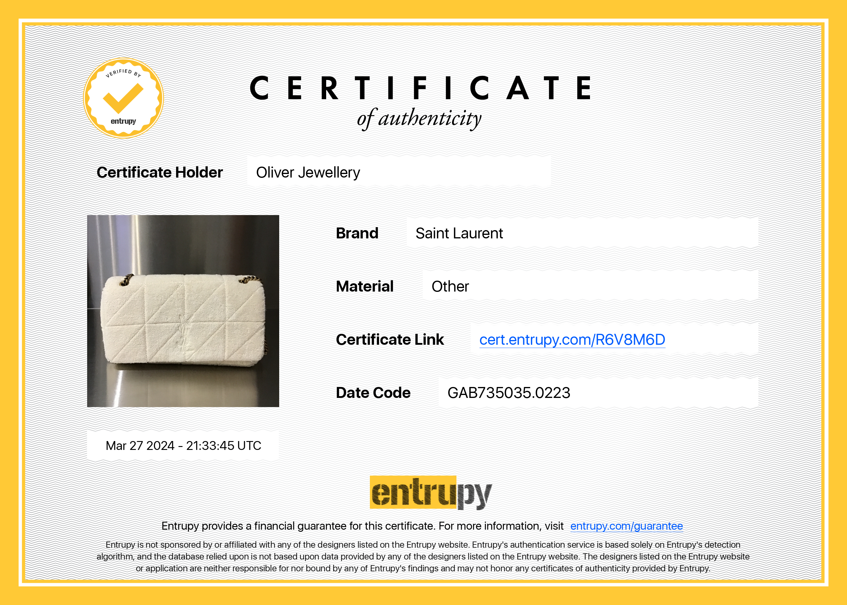 Saint Laurent 2023 White Terry Cloth Medium Jamie bag