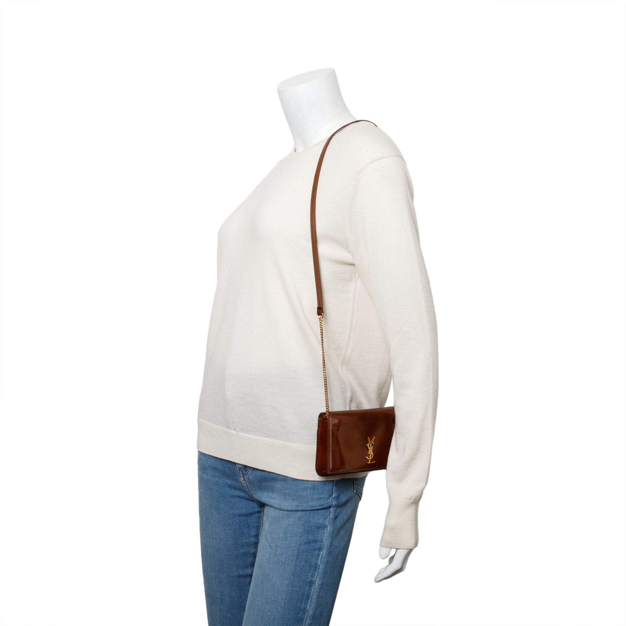 Saint Laurent 2024 Brown Patent Leather Cassandre Phone Holder w/ Box