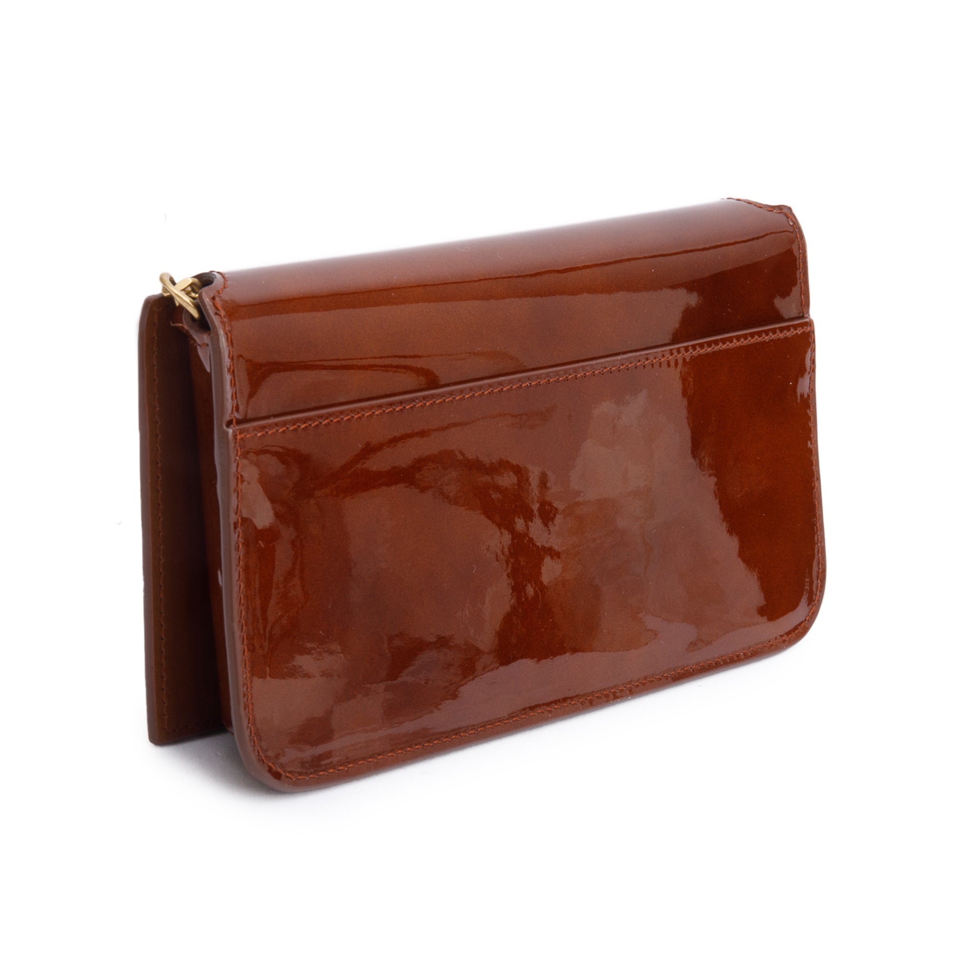 Saint Laurent 2024 Brown Patent Leather Cassandre Phone Holder w/ Box