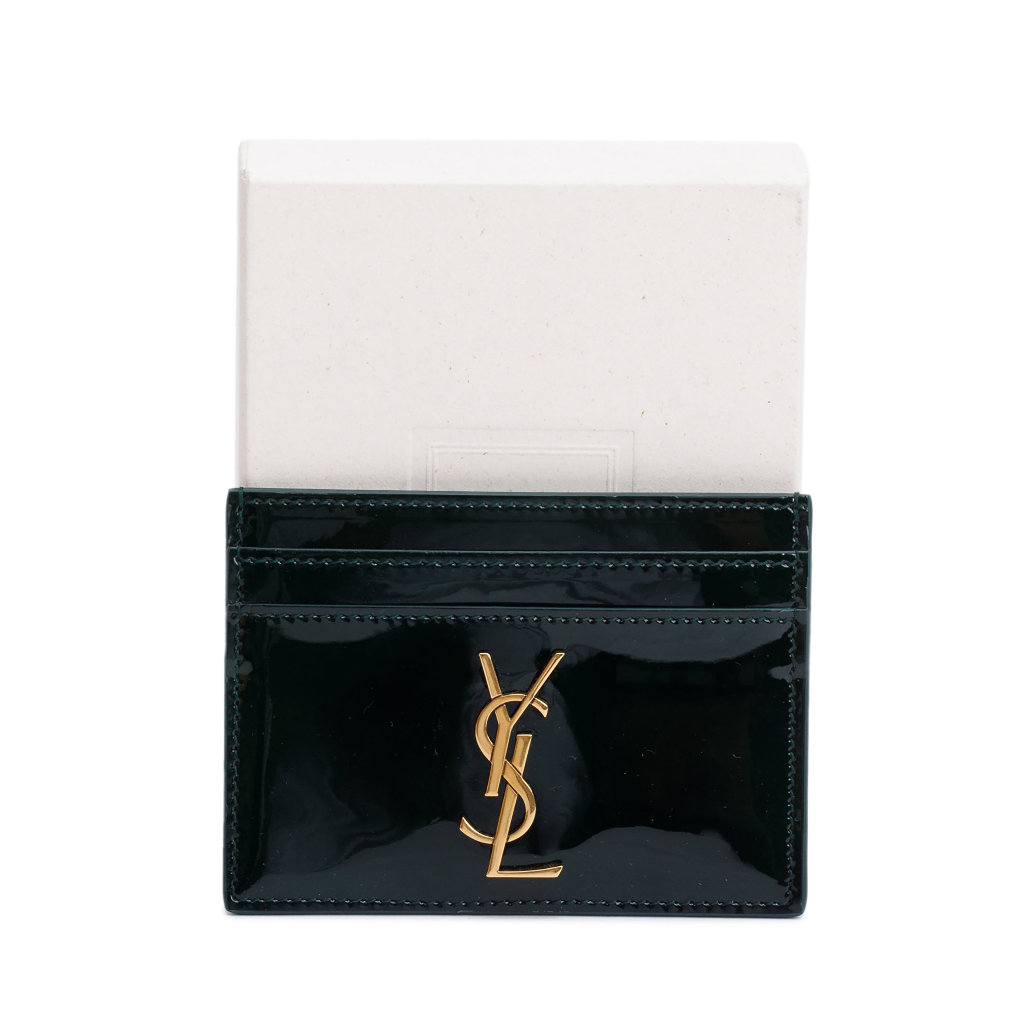 Saint Laurent 2024 Green Patent Leather Cassandre Card Holder w/ Box