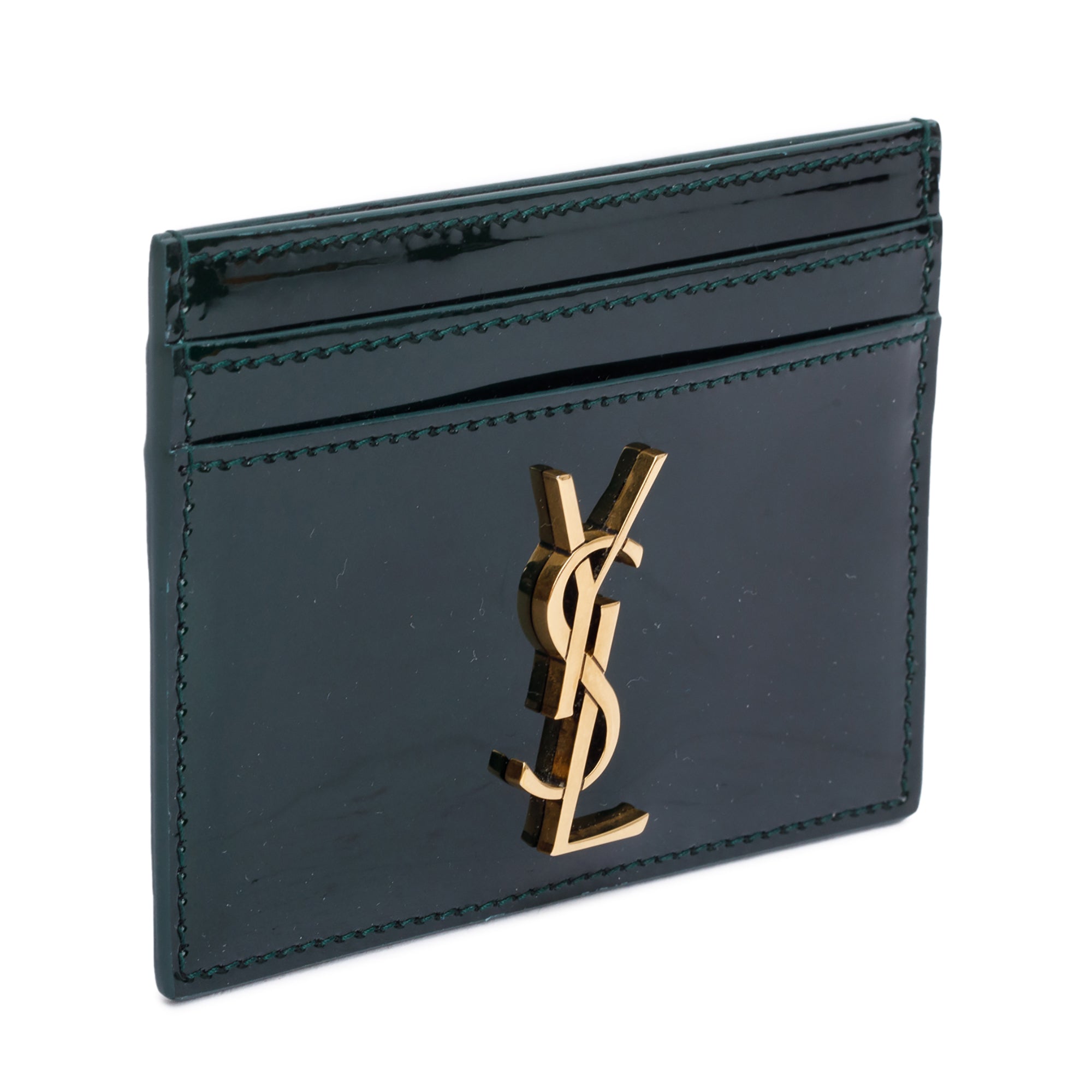 Saint Laurent 2024 Green Patent Leather Cassandre Card Holder w/ Box