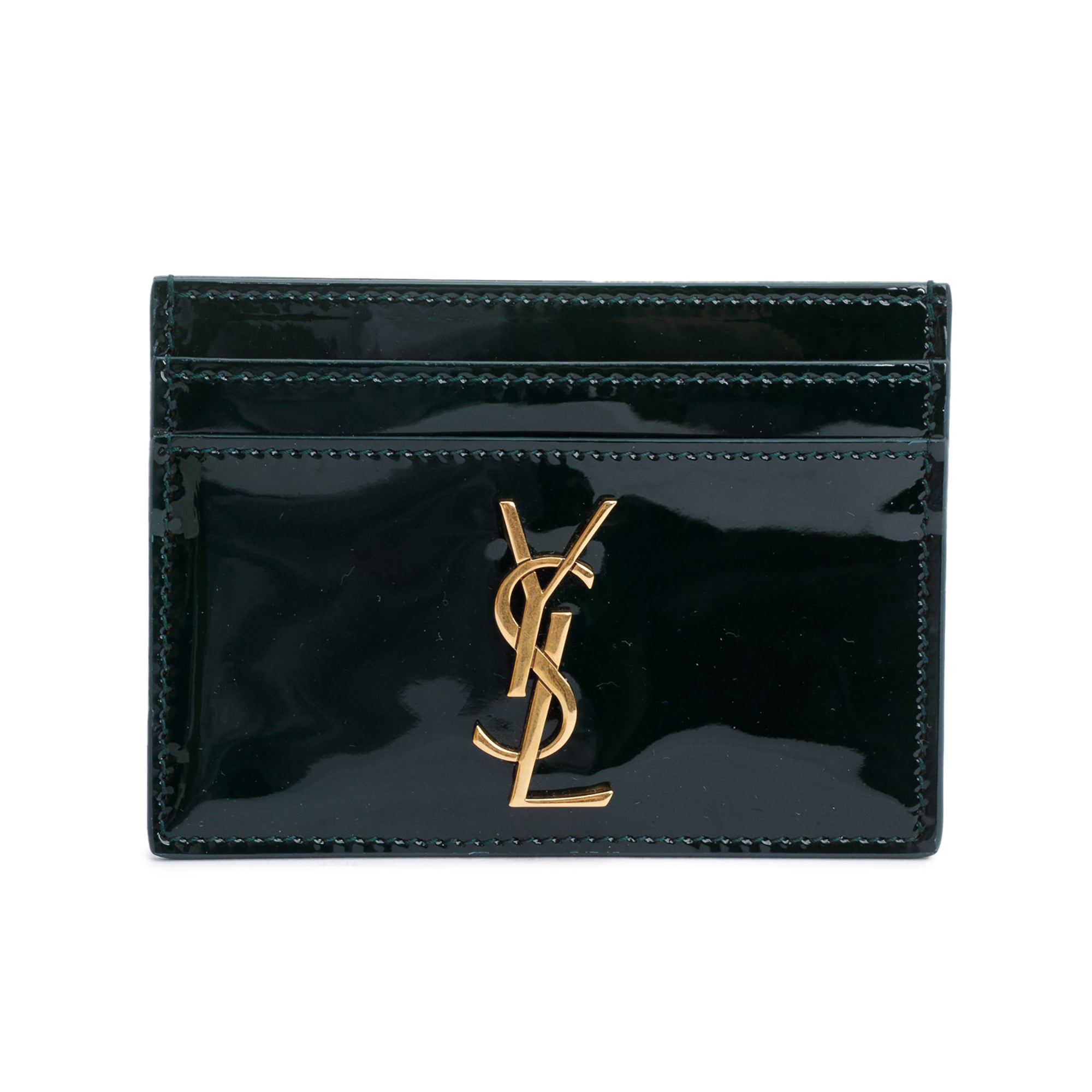 Saint Laurent 2024 Green Patent Leather Cassandre Card Holder w/ Box